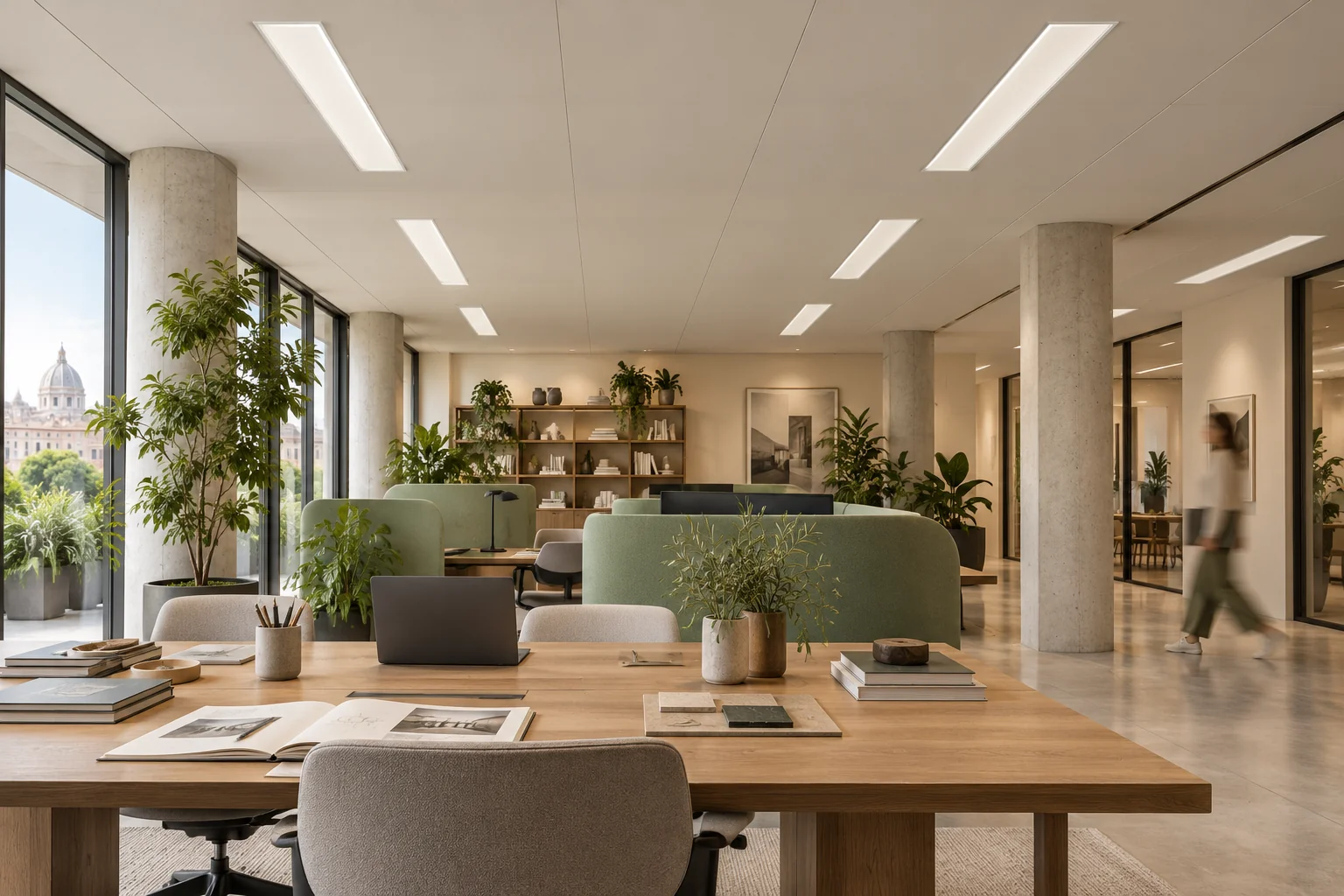 Creative studio concept with I-PAN 120×30 ceiling panels, plants and a person blurred by movement