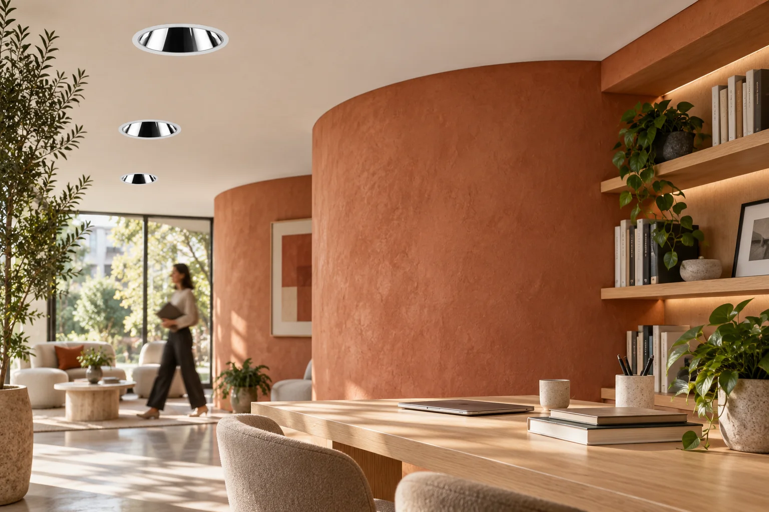 Reading space concept with recessed CIELO RD3013 downlights, a curved terracotta wall and a person in motion