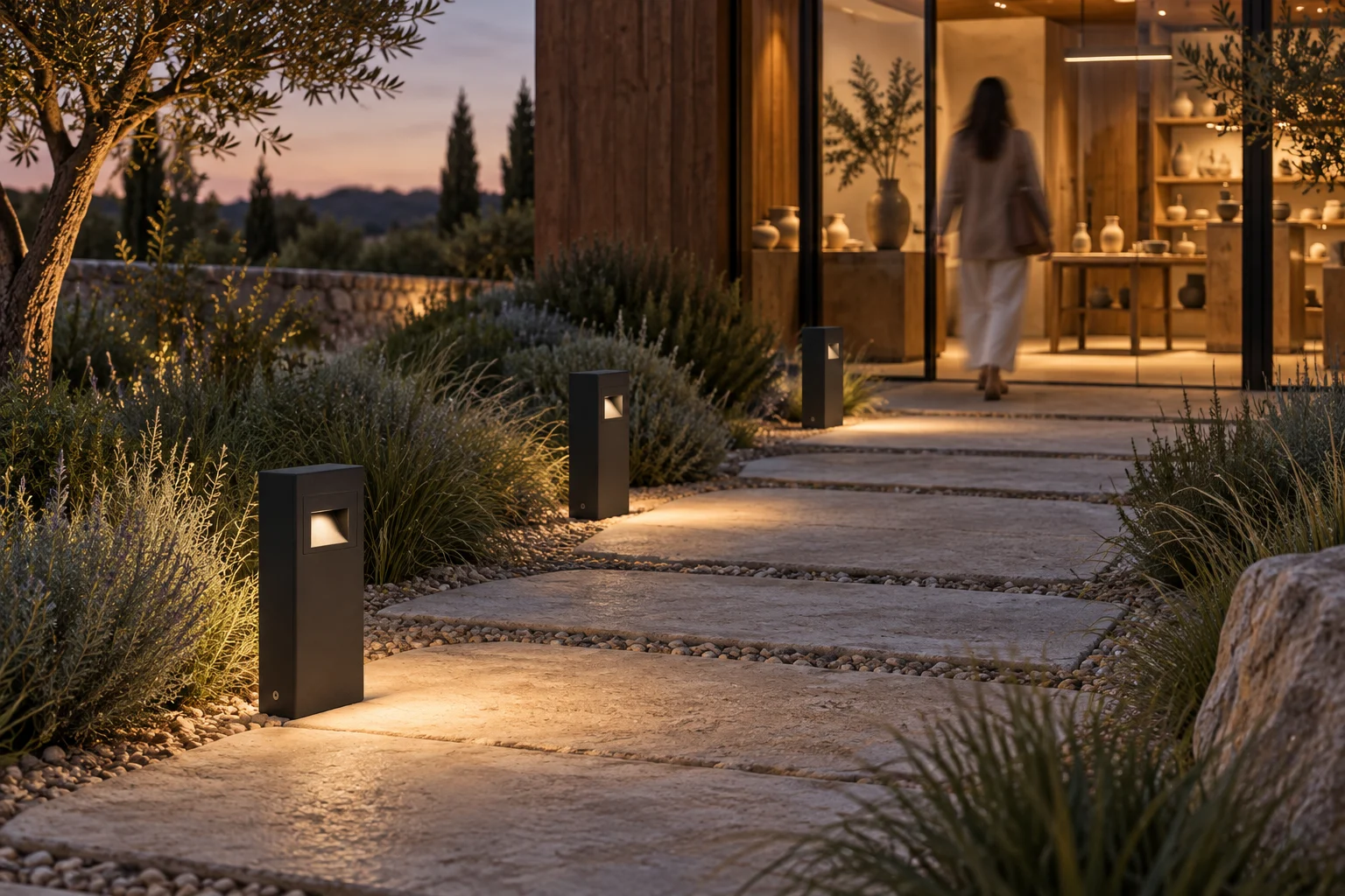 Atelier garden concept with black DOLMEN MINI bollards along a stone path at dusk