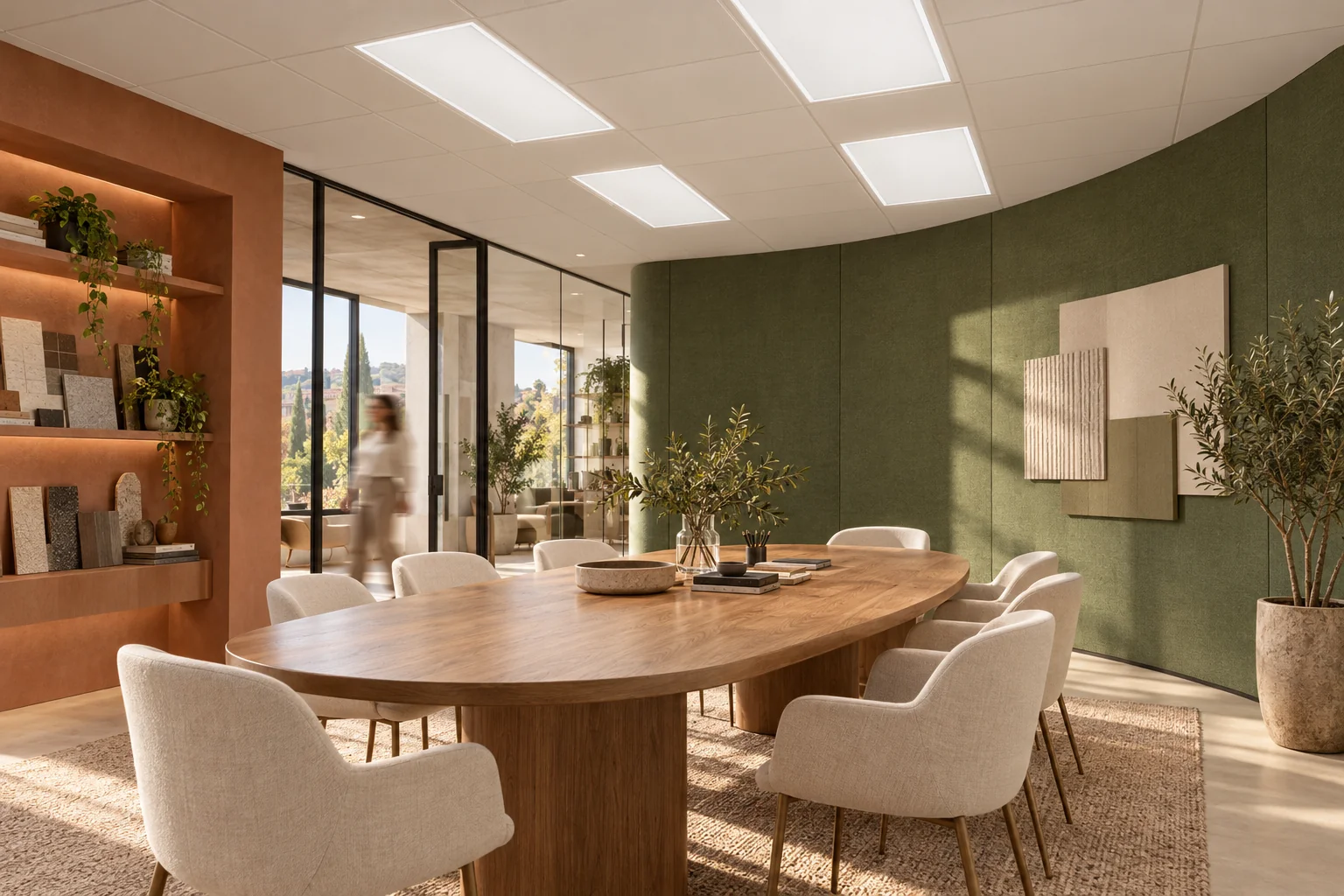 Meeting room concept with I-PAN 120×60 panels, a green acoustic wall and a person in motion