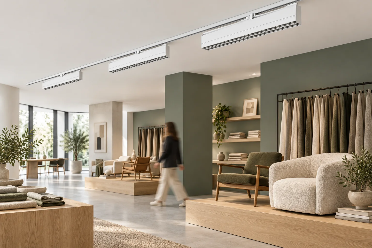 Design showroom concept with white T-LINE luminaires on track and a person in motion