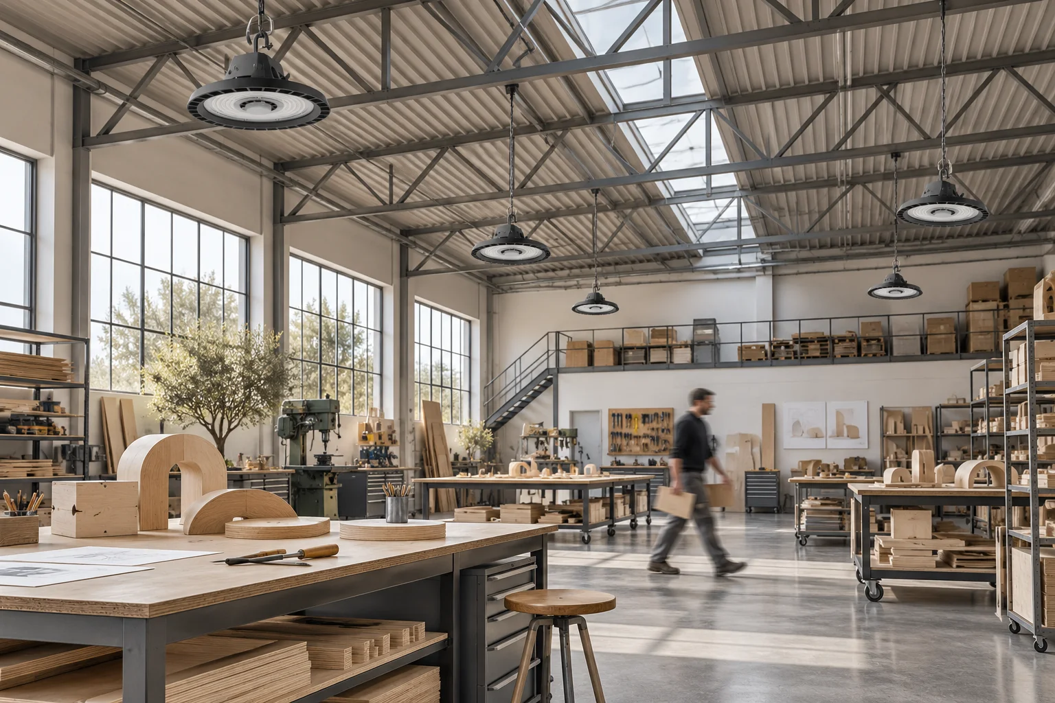 Daytime craft workshop concept with switched-off black JUNO luminaires suspended under the roof and a person in motion