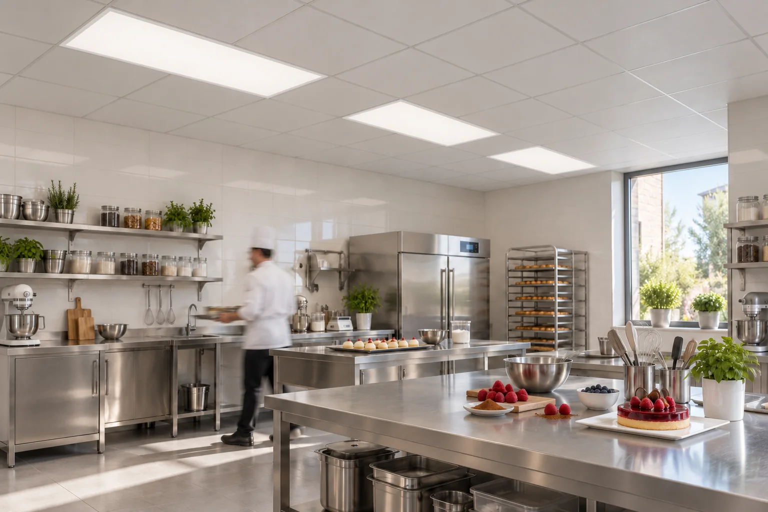 Daytime pastry workroom concept with 1200 × 600 mm I-PAN IP65 panels in the suspended ceiling and a person in motion
