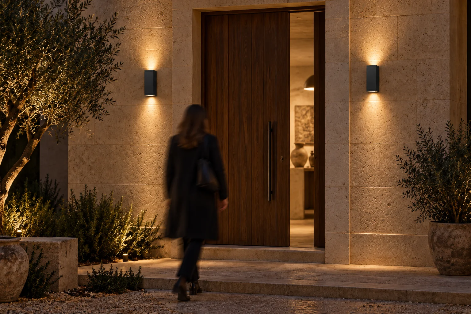 Night atelier entrance concept with two black up/down WALL AB MEDIUM wall lights beside the door and a person in motion
