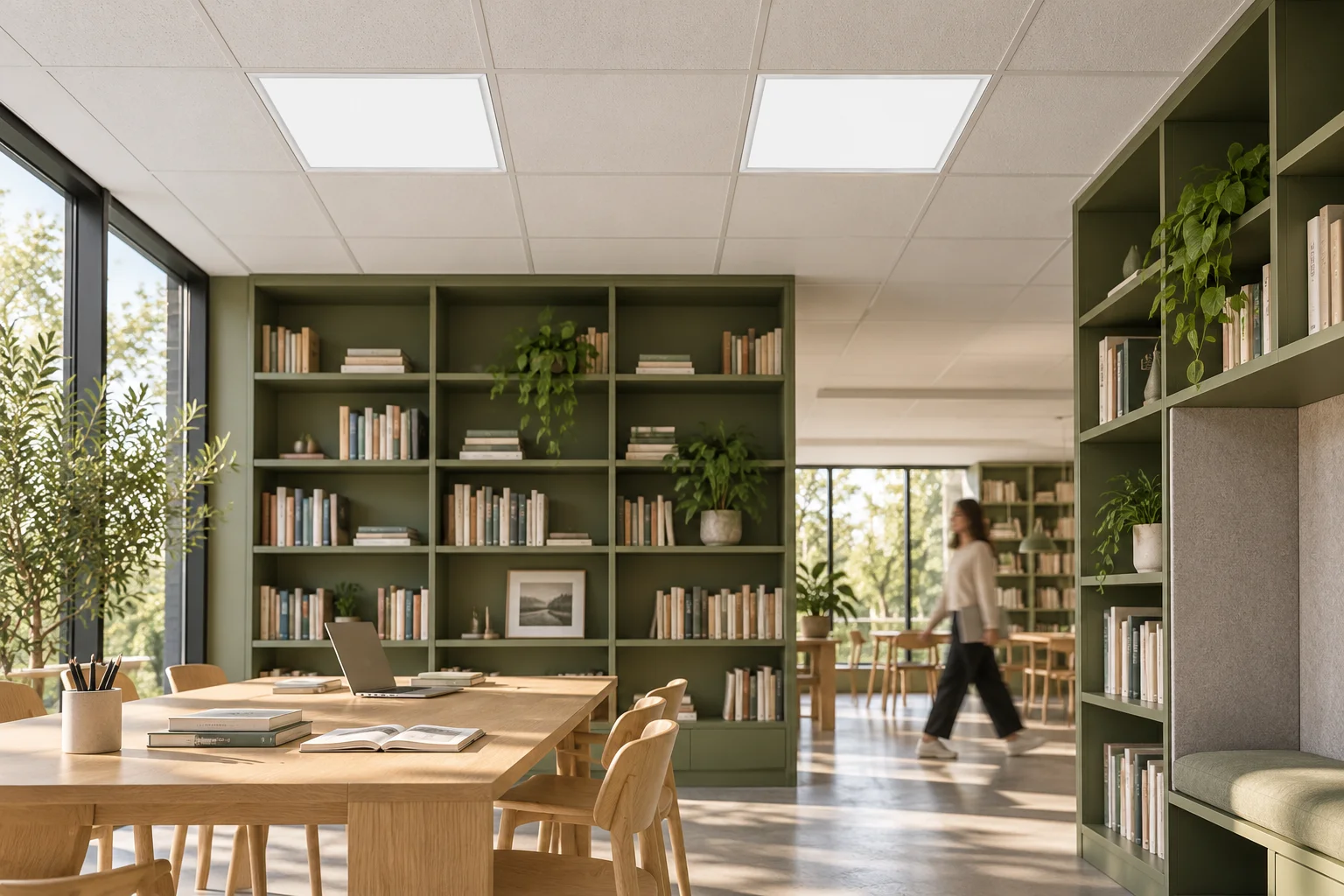 Library concept with ALTAVIA BK Lite 60×60 panels in the ceiling grid, green bookcases and a person in motion