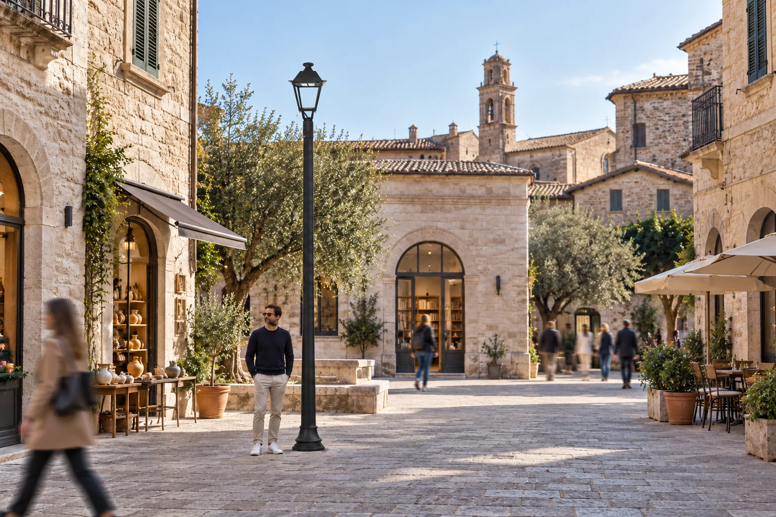 Daytime stone village square concept with a switched-off OLDCITY LX lantern on a pole and people walking
