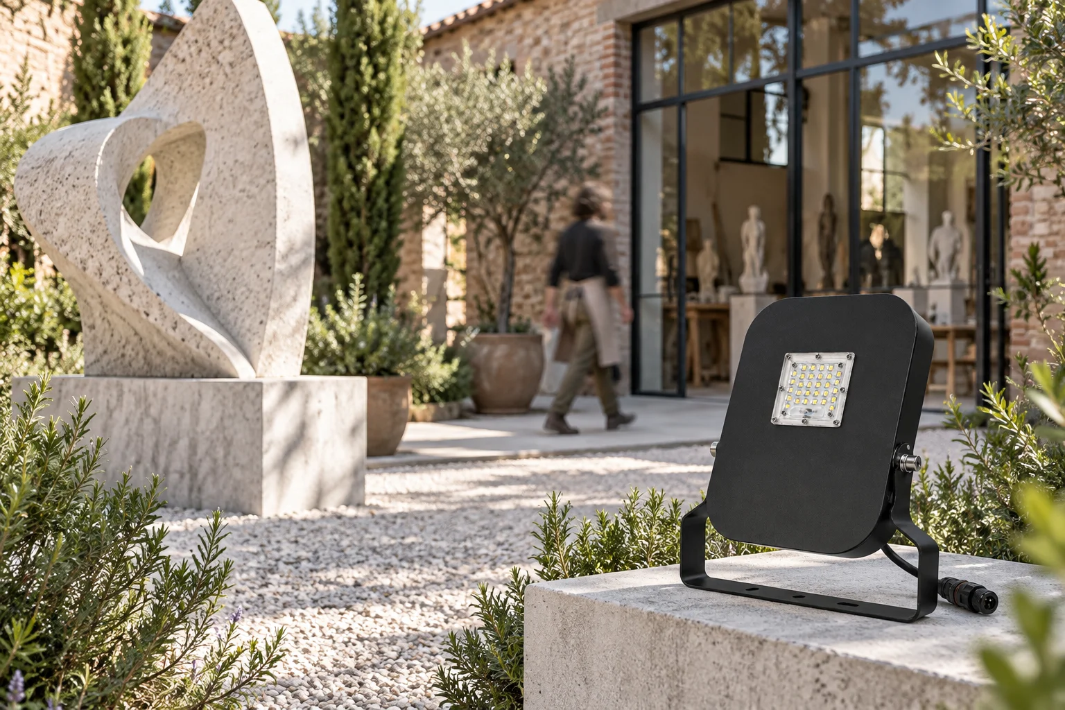 Daytime atelier courtyard concept with a switched-off black ALPHA MINI floodlight on a stone plinth near a sculpture
