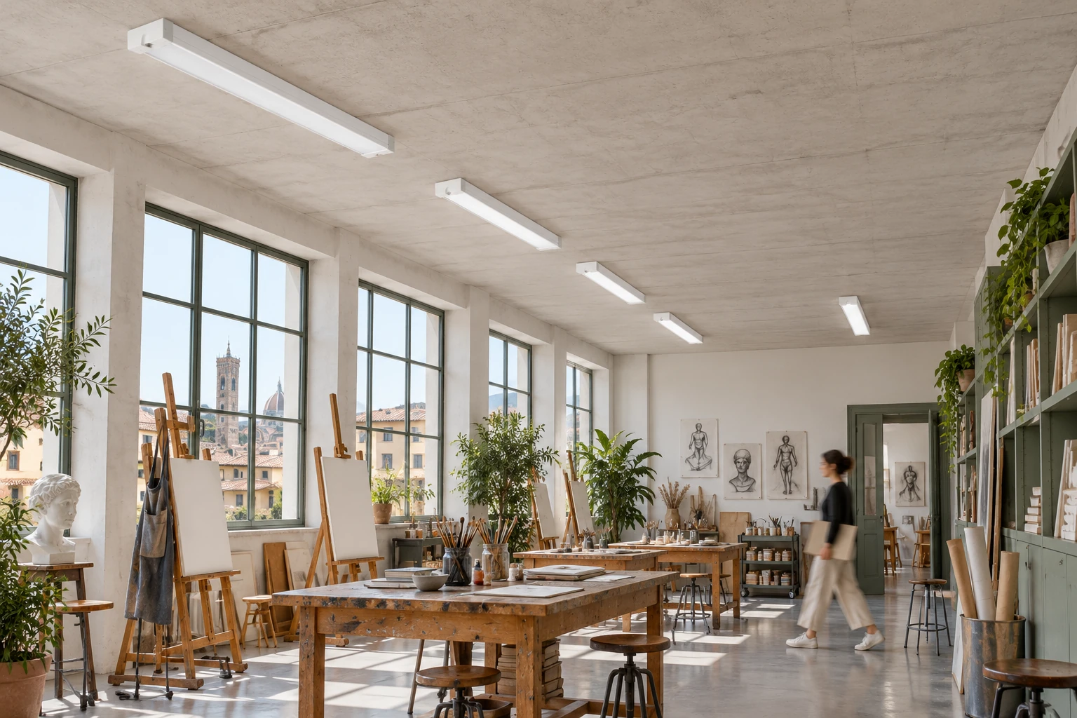 UNIQUA TD 1200 white illustrative ceiling-mounted daytime art studio concept with easels and a person