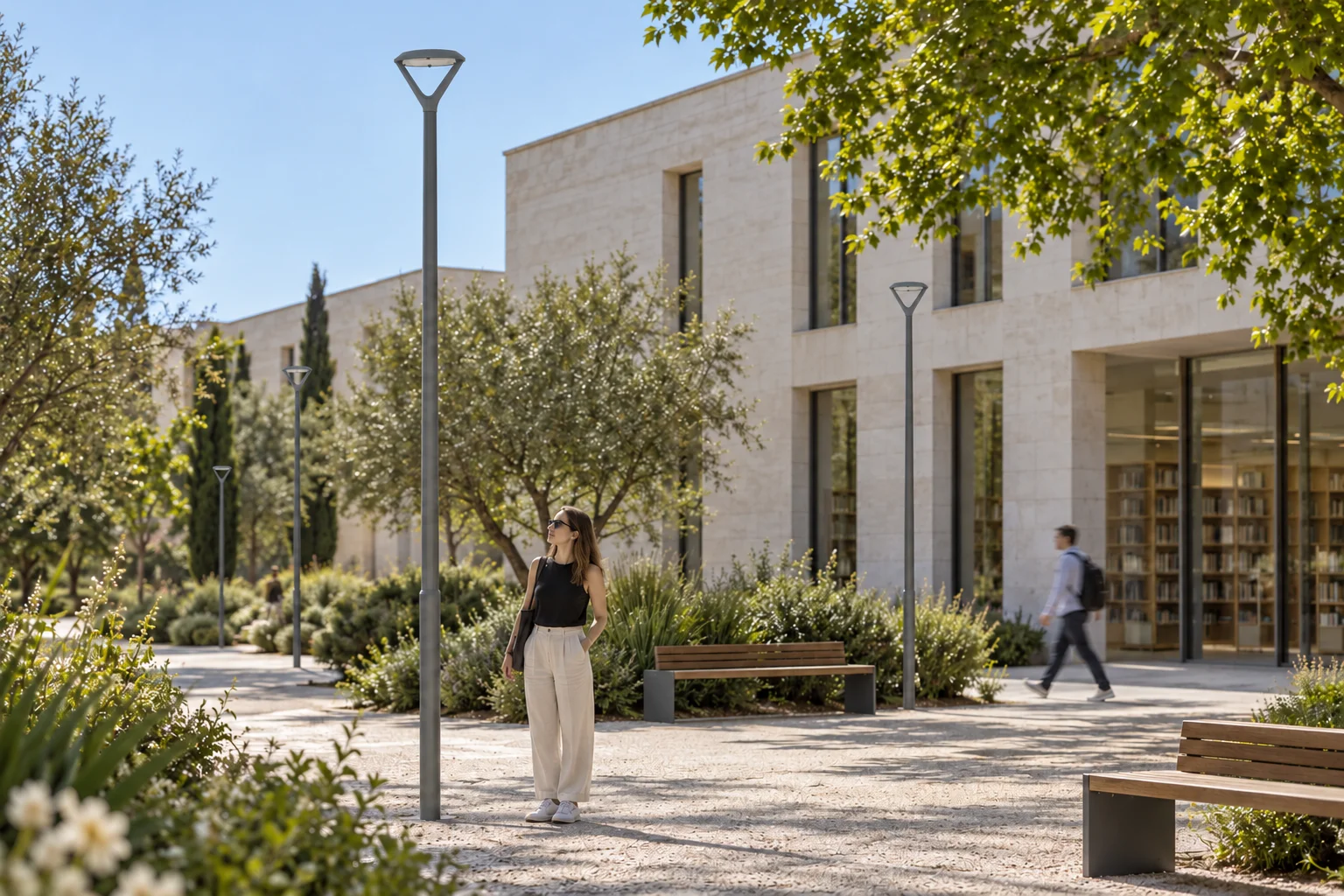 NEWTON EG Top Pole illustrative daytime library courtyard concept with switched-off V-support luminaires and people