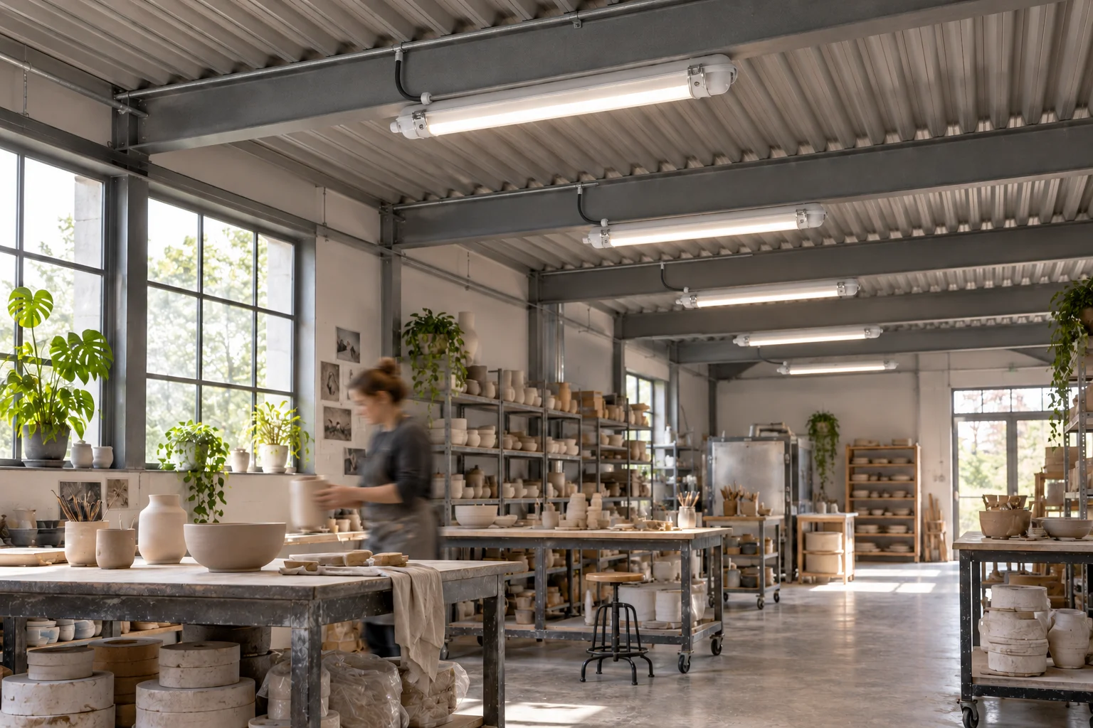Daytime ceramics studio concept with grey 120 cm UNIQUA battens under the beams, connected to the conduit, and a person at work