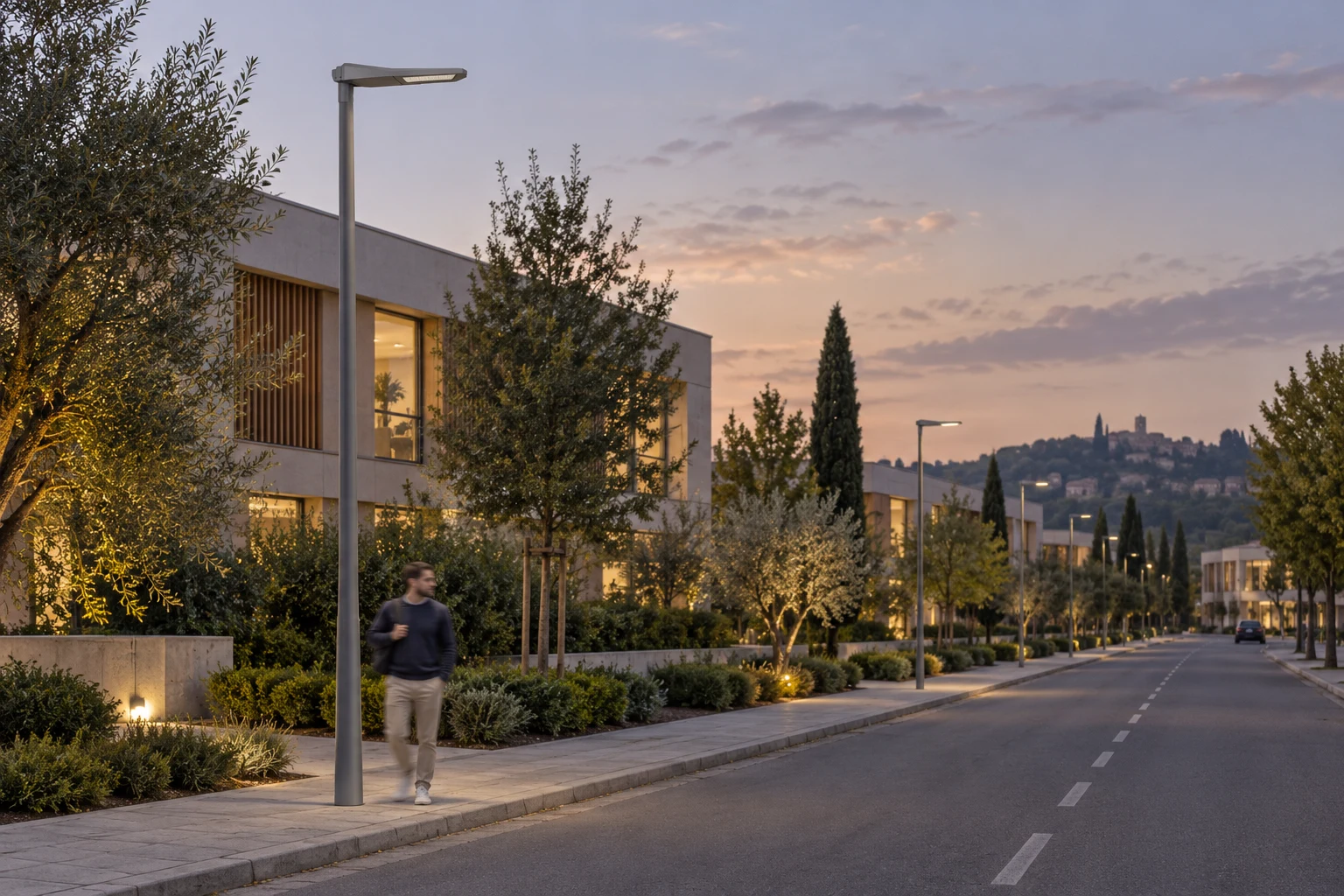 Creative district avenue concept with pole-mounted EUROPA20 luminaires at dusk and a pedestrian
