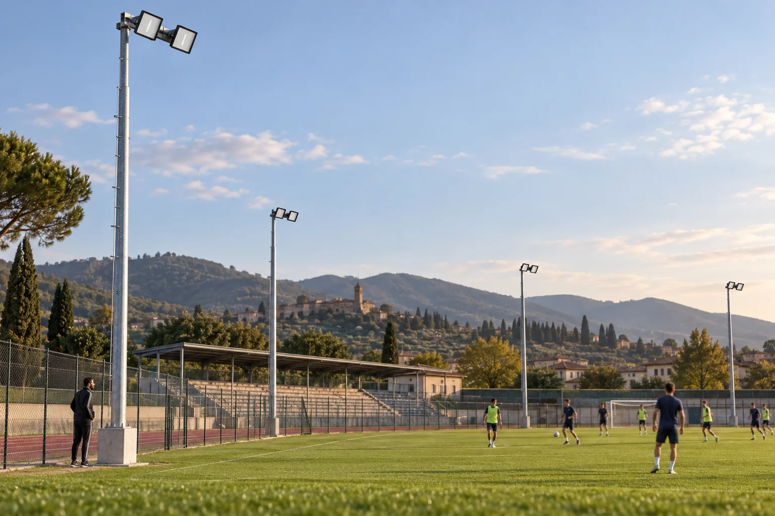 Daytime football pitch concept with switched-off single-module ALIA SPORT LX floodlights on supports outside the pitch and players training