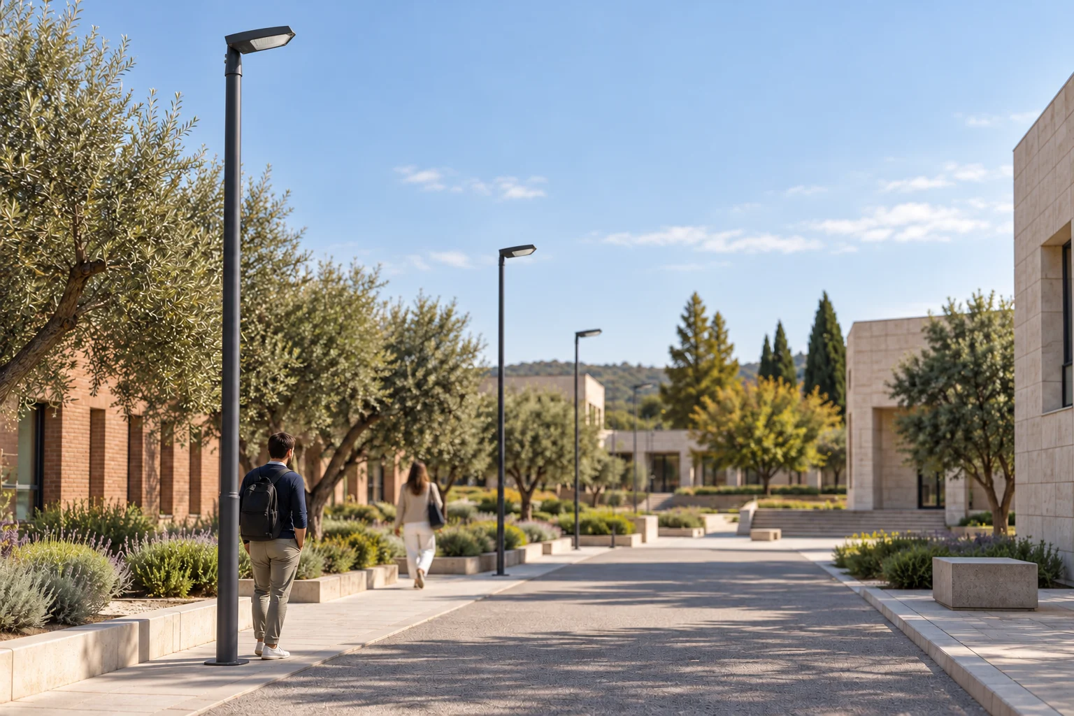 ITALICO22 v3 illustrative daytime campus concept with pole-mounted luminaires and people along the path