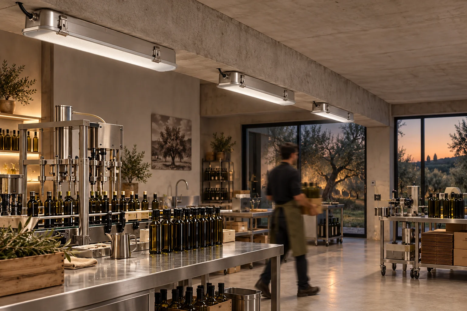 Evening olive mill concept with lit 120 cm UNIQUA INOX battens above the bottling line and a person in motion