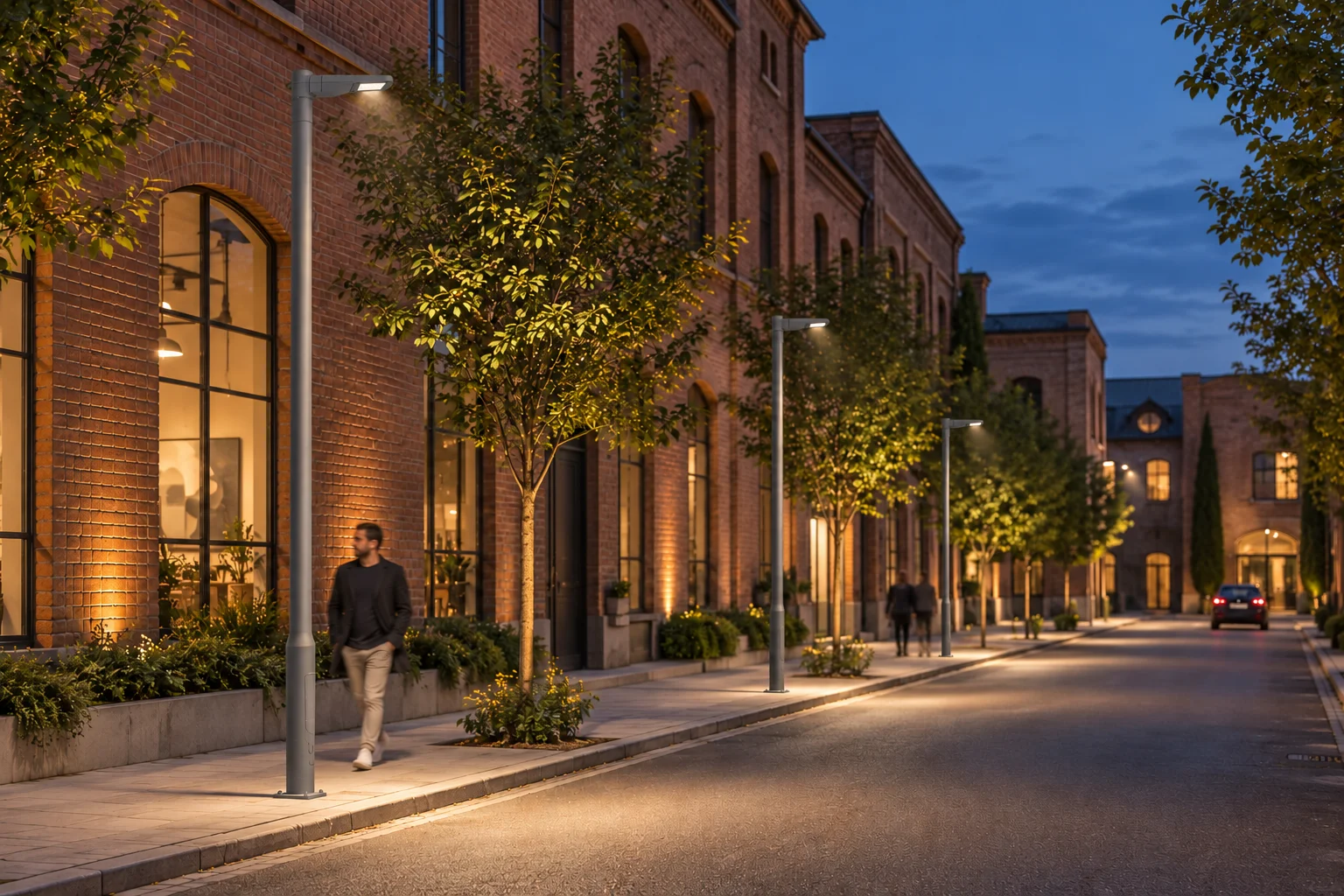 ITALICO LX Small v3 illustrative district concept at dusk with pole-mounted luminaires and pedestrians