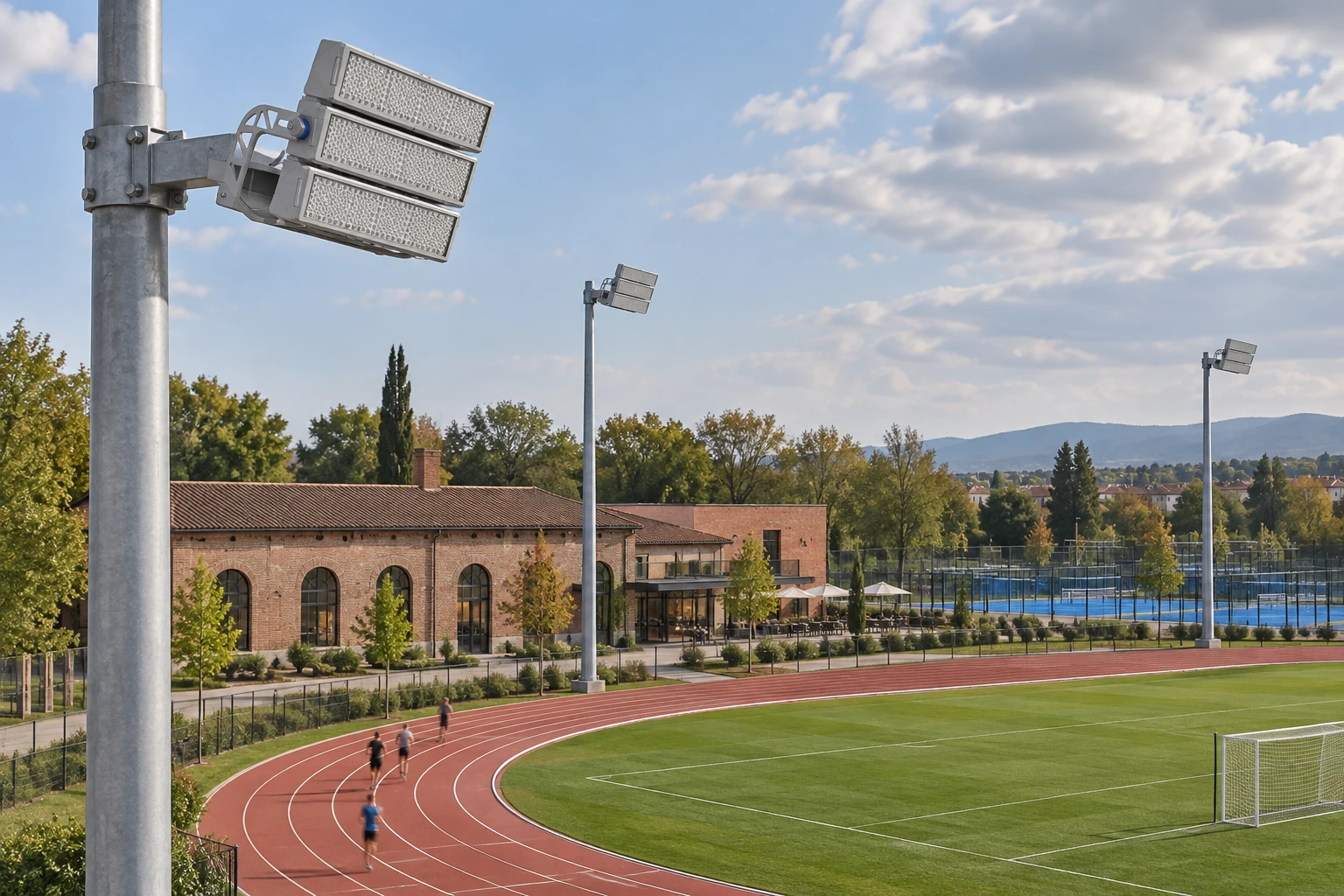 Switched-off floodlights with three stacked grey linear modules, circular lenses and a shared bracket. An illustrative daytime scene assigning no power, support height or photometric performance.