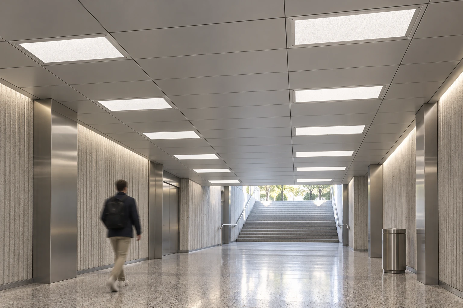 Grey-framed rectangular panels with opal diffusers in the ceiling of an imaginary transit concourse. 600 × 300 × 50 mm panels; the scene identifies no real station, power or measured performance.