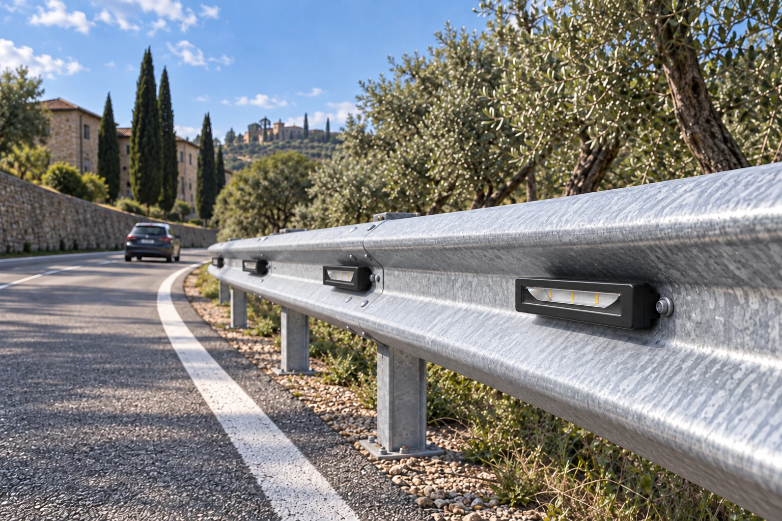 Switched-off black luminaires on an access-road guardrail, with 270 × 98 × 75 mm geometry. The scene identifies no code, image-verifiable material or electrical configuration.