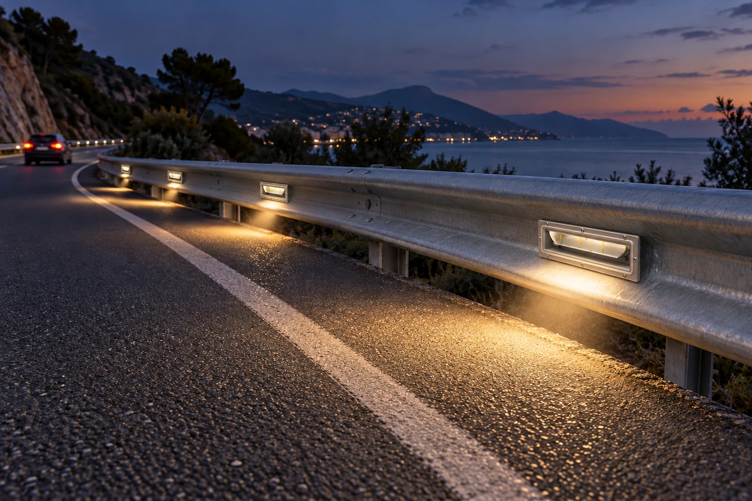 Dusk concept with a compact 270 × 93 × 80 mm stainless-steel housing and grazing light towards the road. The concept assigns no code or electrical data.