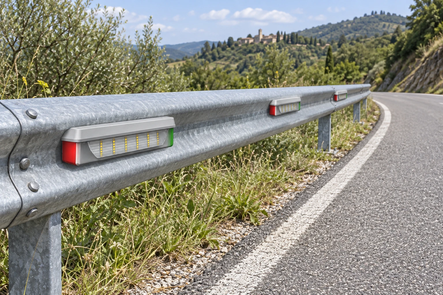 Compact switched-off fixtures on the barrier profile, with light-coloured housing, LED window and red and green side details. Fixings, wiring, dimensions and spacing are illustrative.