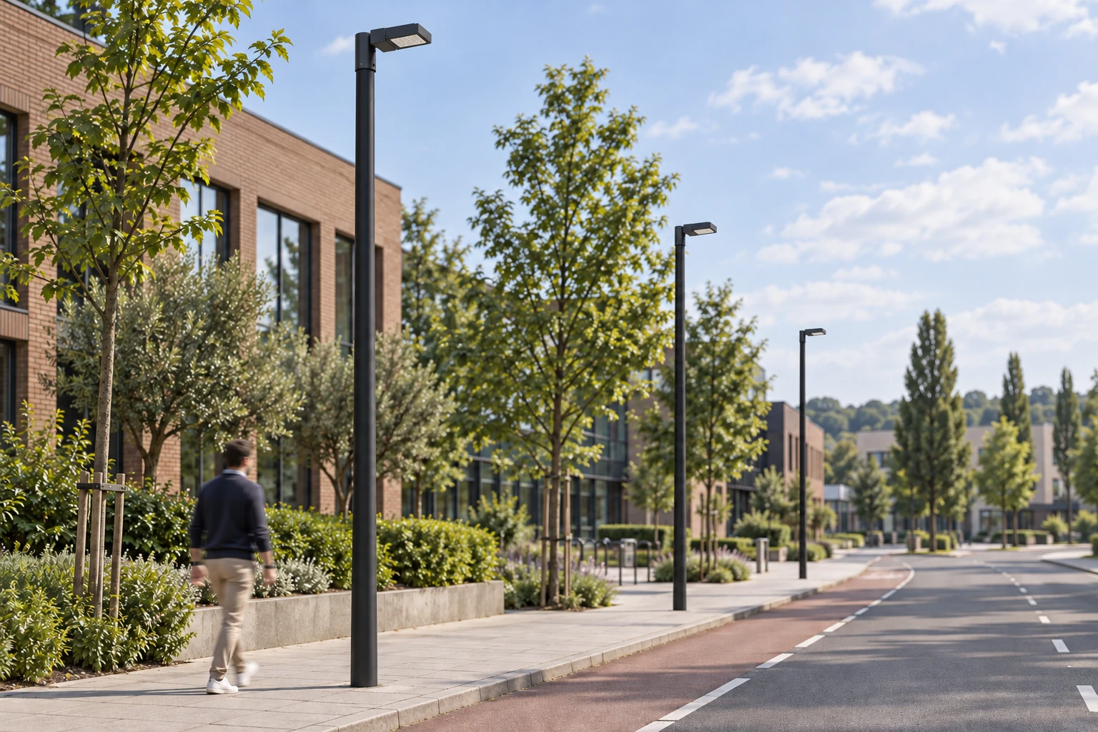 Switched-off Small street luminaires on poles along a brick district, with a rectangular optical head and separate driver enclosure. Dimensions 466 × 261 × 202 mm; poles and spacing are illustrative.