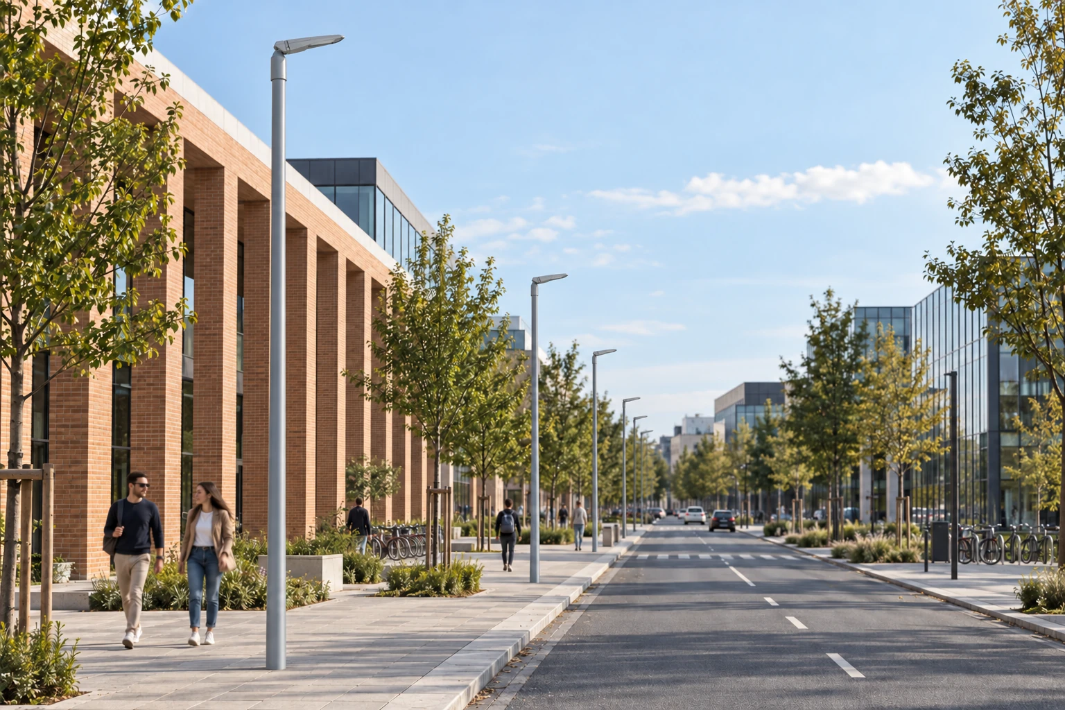 Switched-off ITALICO20 Medium luminaires along an urban avenue, with a 606 × 311 × 222 mm housing and top-pole connection. Poles, spacing and wiring are illustrative; the scene defines neither an executive design nor an electrical configuration.