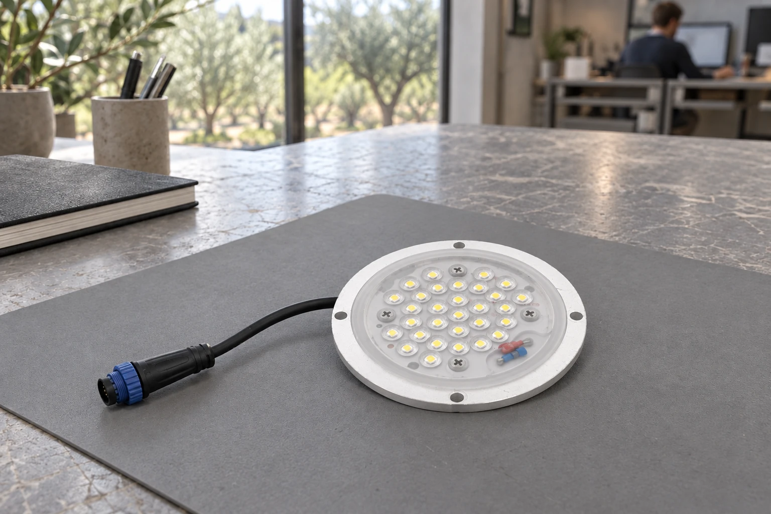 Day integration study with a circular module, switched-off optics and a disconnected connector. Verify the host, plate, dimensions and compatibility against the project.