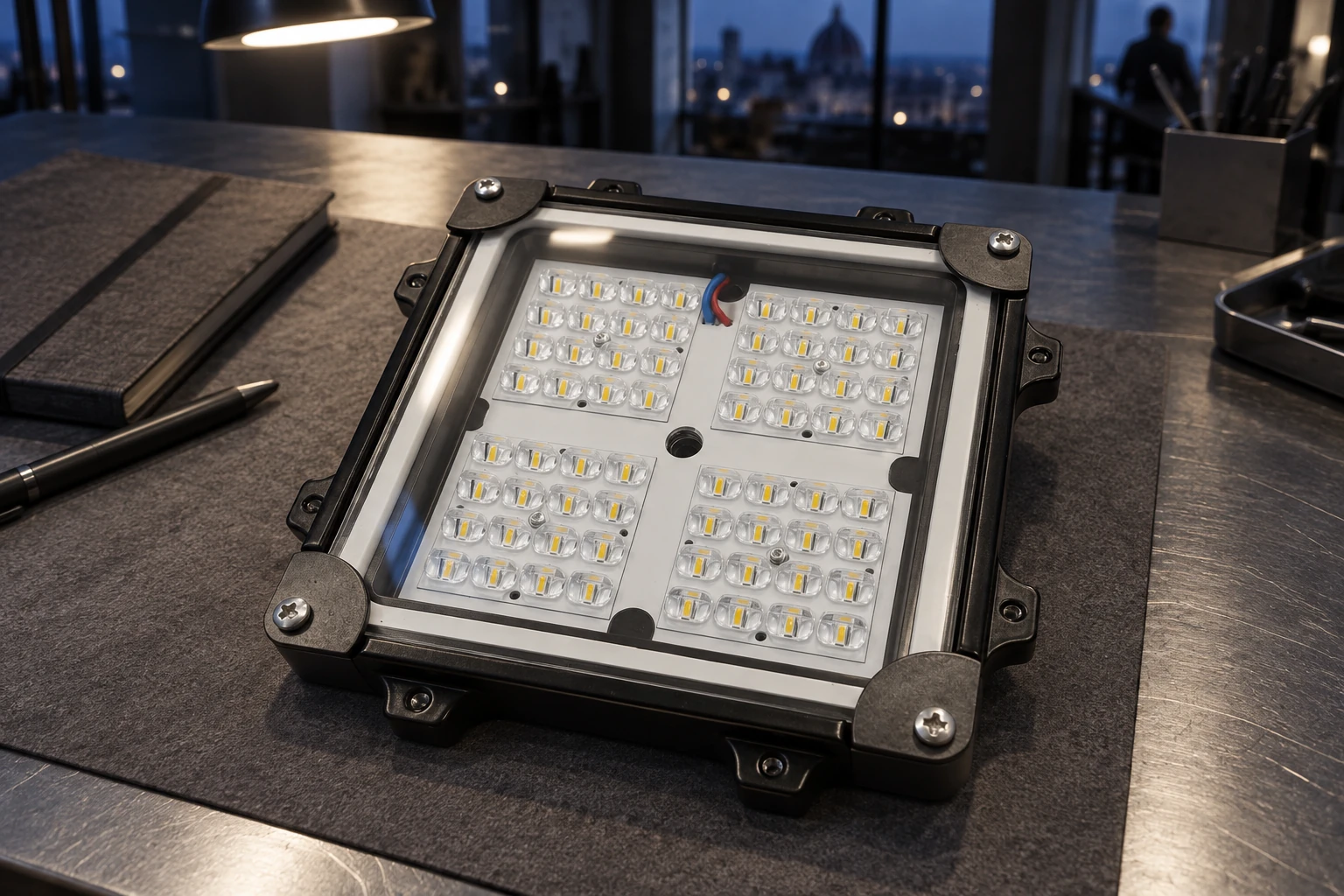 Evening study of the RFSQ LX module with four optical sections, switched off on the workbench. Body 182 × 182 × 49 mm; define the host and custom plate in the project.