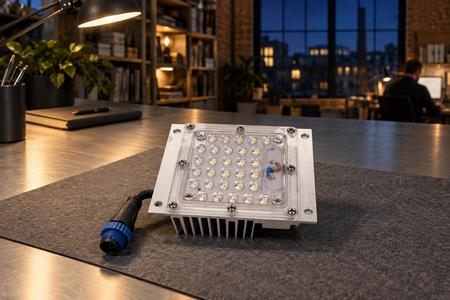 Evening integration study of the square module, disconnected and lit by the workbench lamp. The scene identifies no compatible host or completed installation.