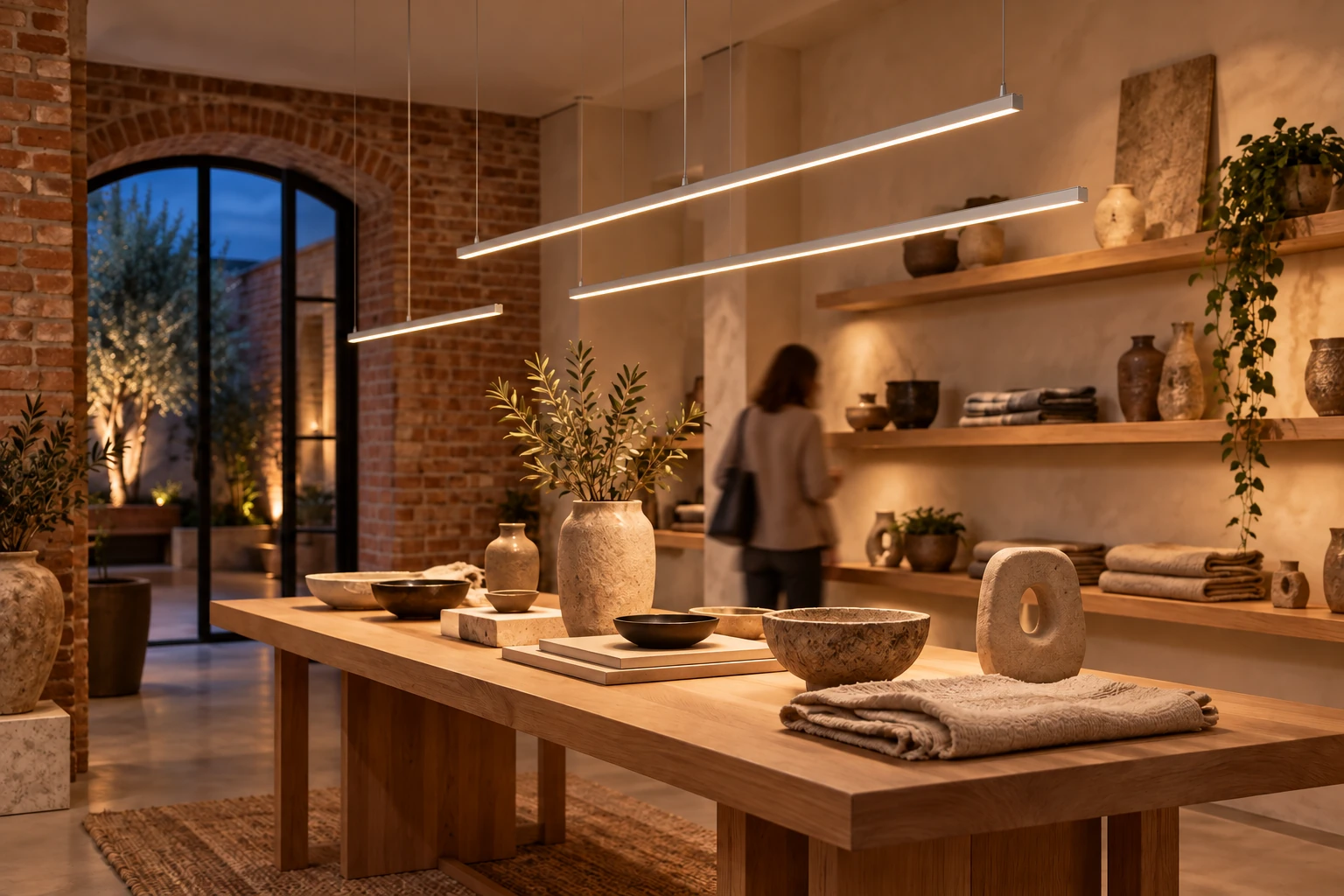 MiniLine Profilo LED illustrative evening showroom concept with slim suspended profiles, ceramics and a person in motion