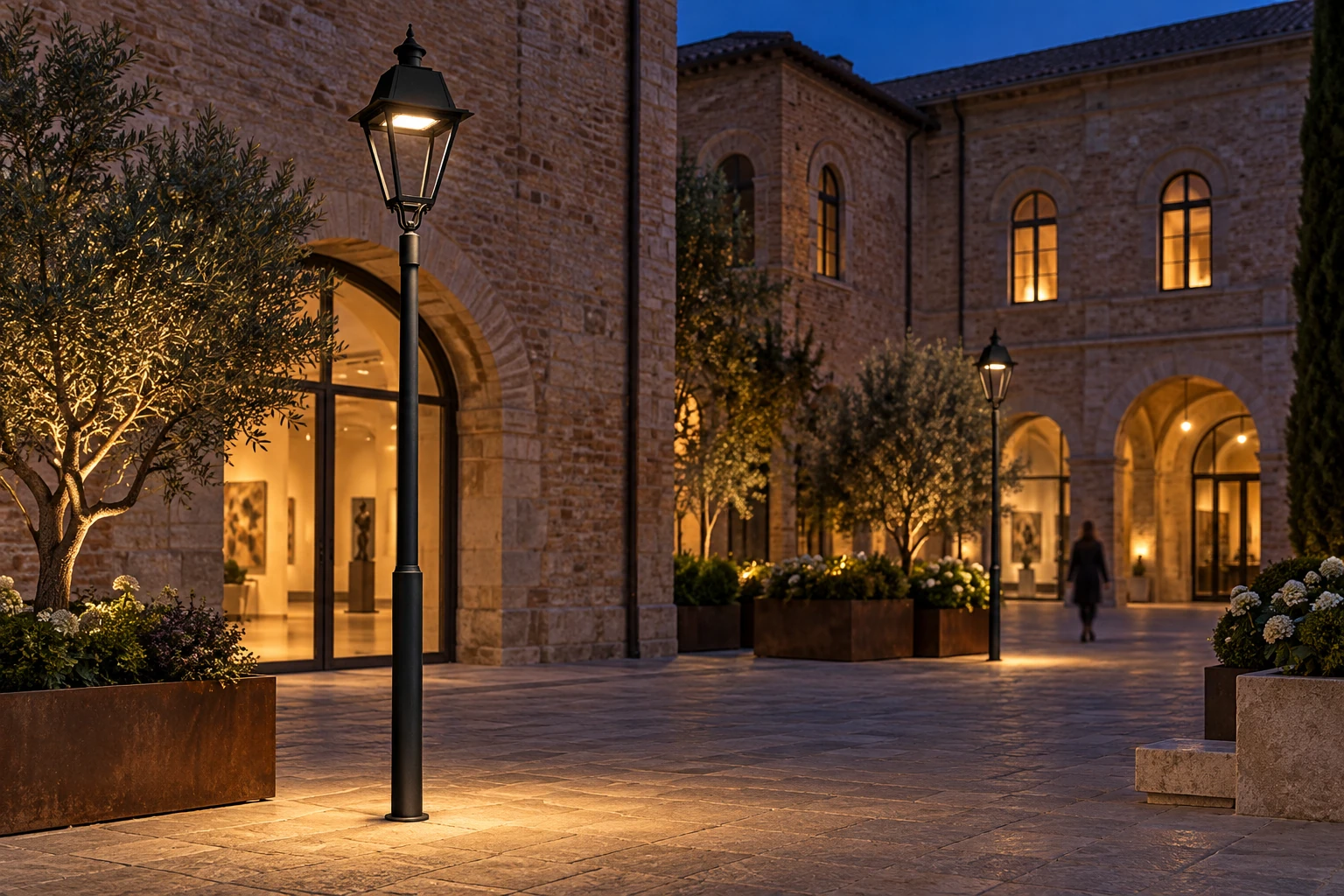 Night concept: an open lantern with light directed towards the paving from beneath the roof. Confirm the supplied size and mounting against the model drawing.