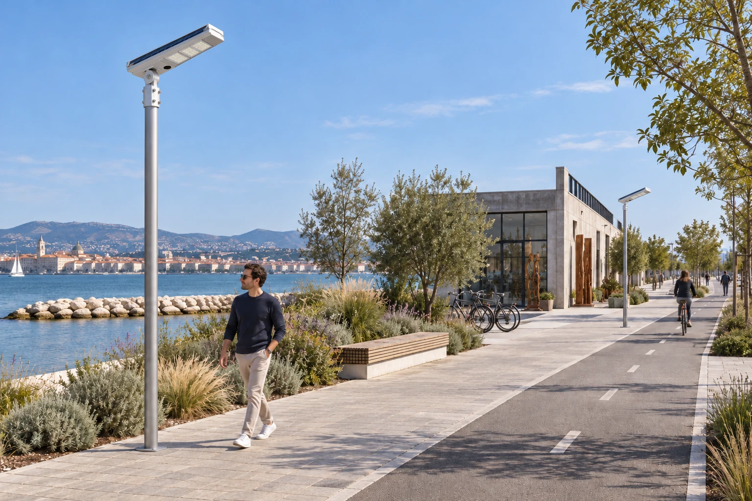 Daytime concept with SOLIS NEXT size L, integrated photovoltaic panel and four switched-off optical modules. Geometry 1002.4 × 445 × 183 mm; the image identifies neither PRO nor CORE configuration and does not simulate performance.