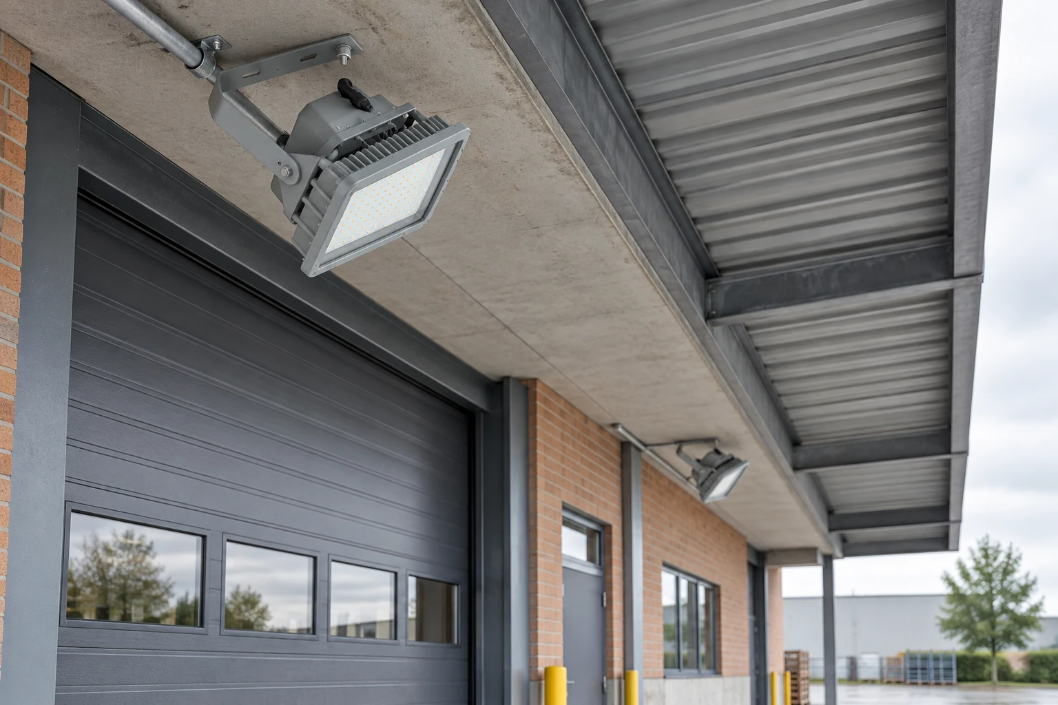 Grey finned housing and U bracket, switched off beneath an industrial daytime canopy. The scene identifies no size and establishes no suitability for an explosive atmosphere; supports and mounting are illustrative.