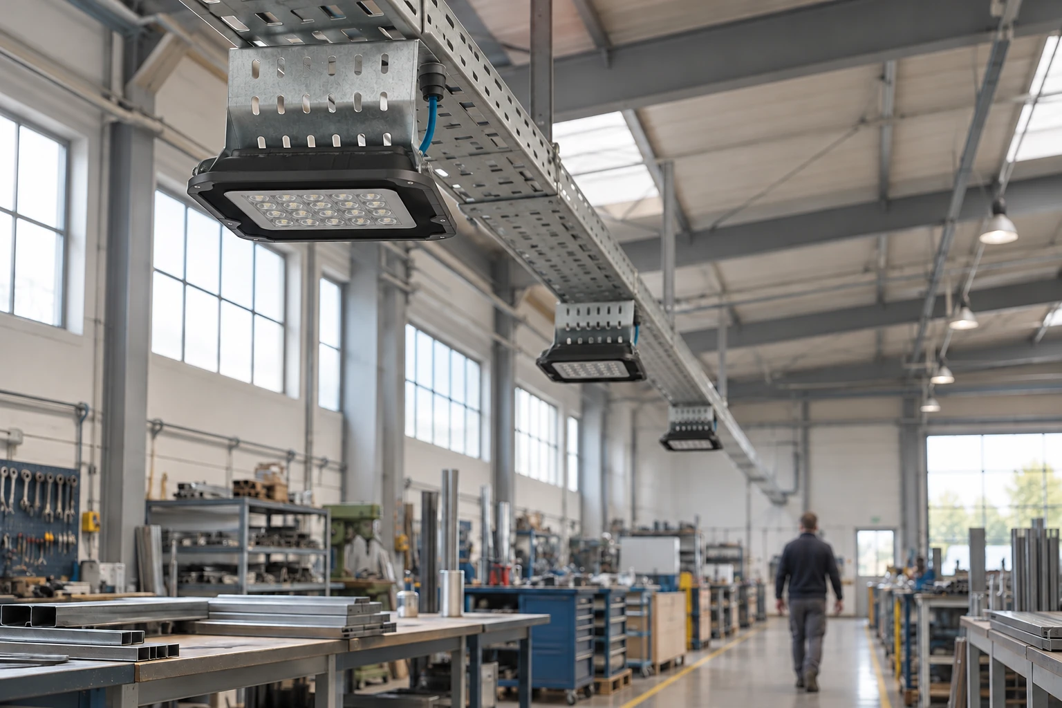 Mini units with galvanized supports on cable tray, optics aimed at the floor, in a daytime workshop and switched off. Housing 390 × 310 mm; fixings, wiring and height are illustrative.