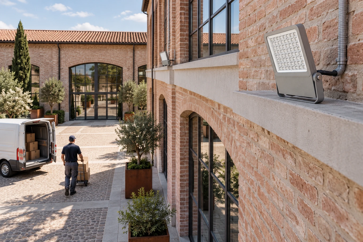 Switched-off grey Small floodlights in a daytime courtyard, with an upper optical window and lower driver compartment.
