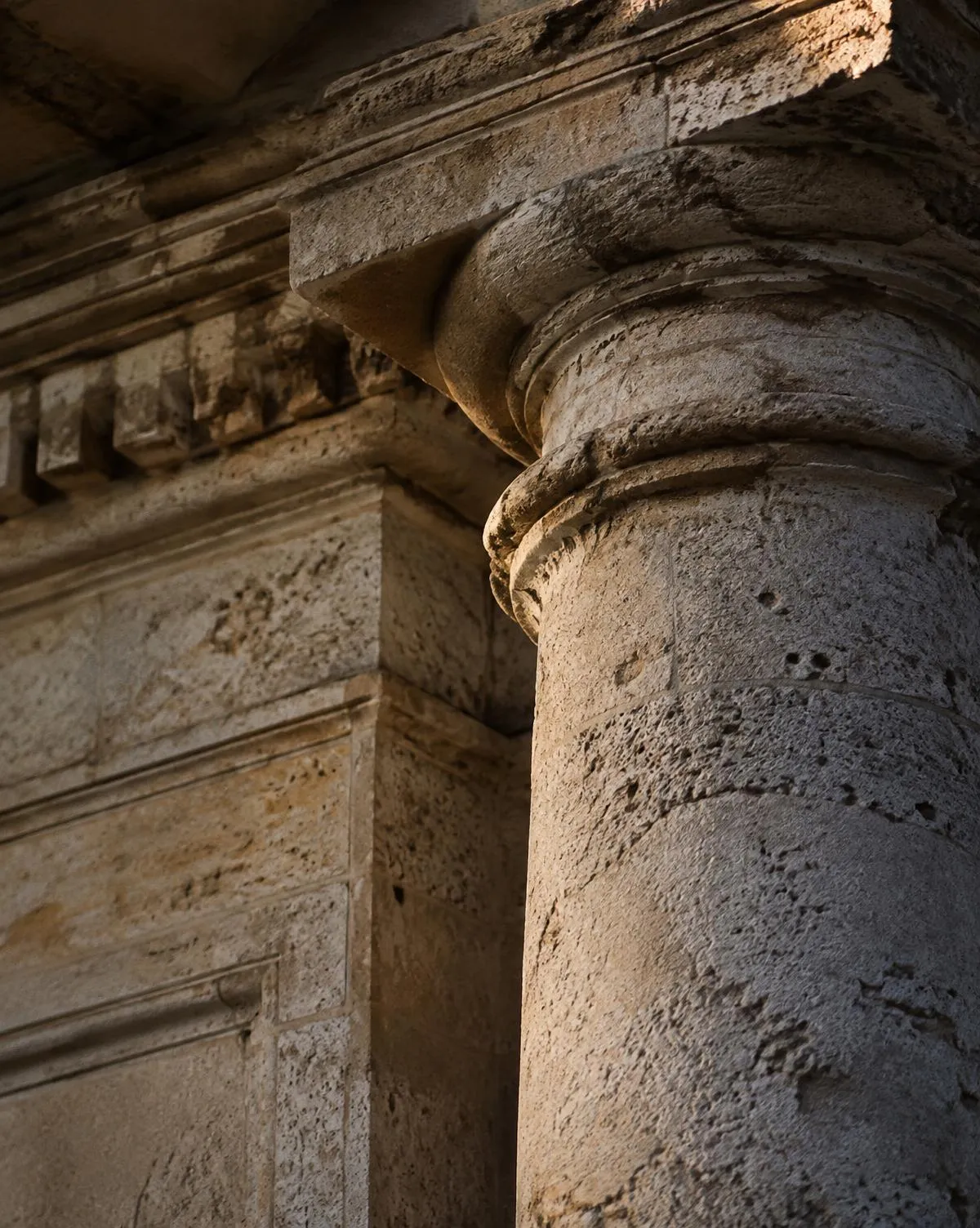 Capitello e fusto di una colonna in pietra che emergono dall’ombra sotto una luce radente calda