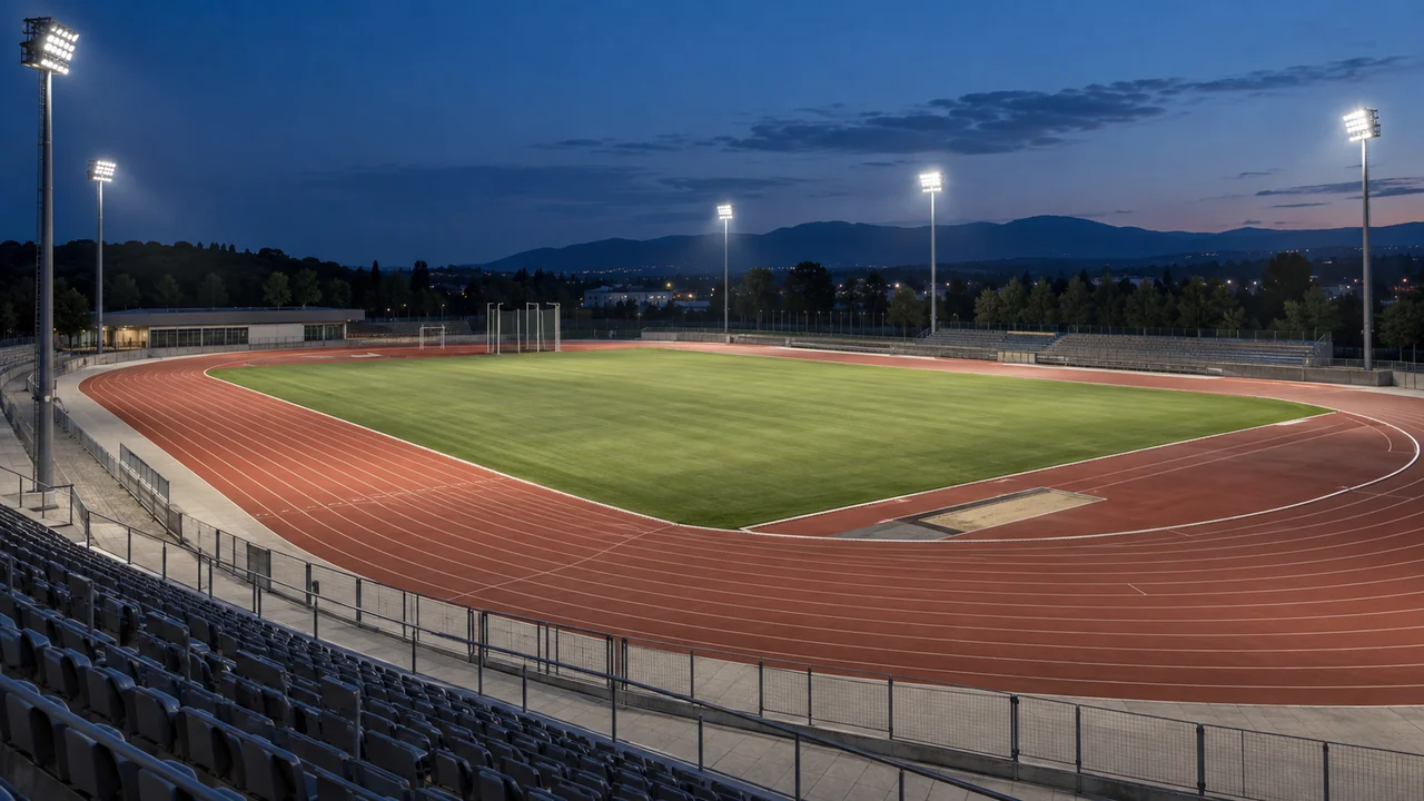 Pista di atletica illuminata al crepuscolo