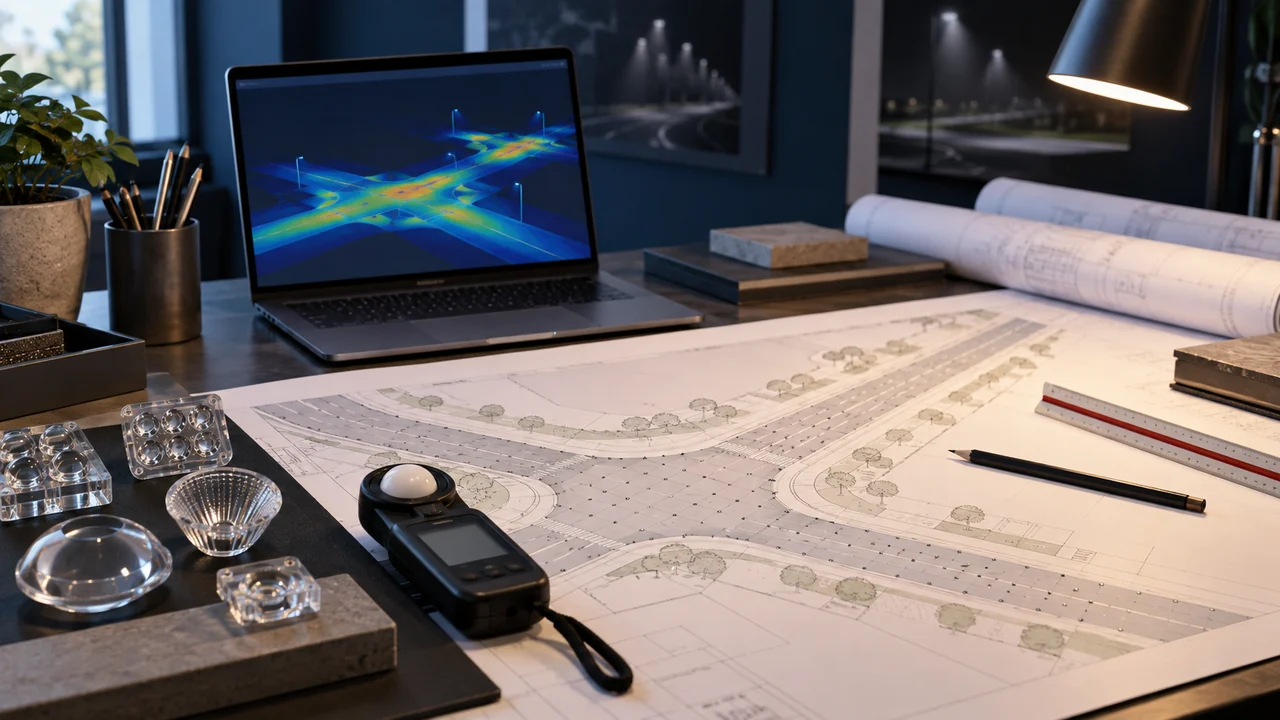 Studio illuminotecnico con planimetria, ottiche e simulazione della luce