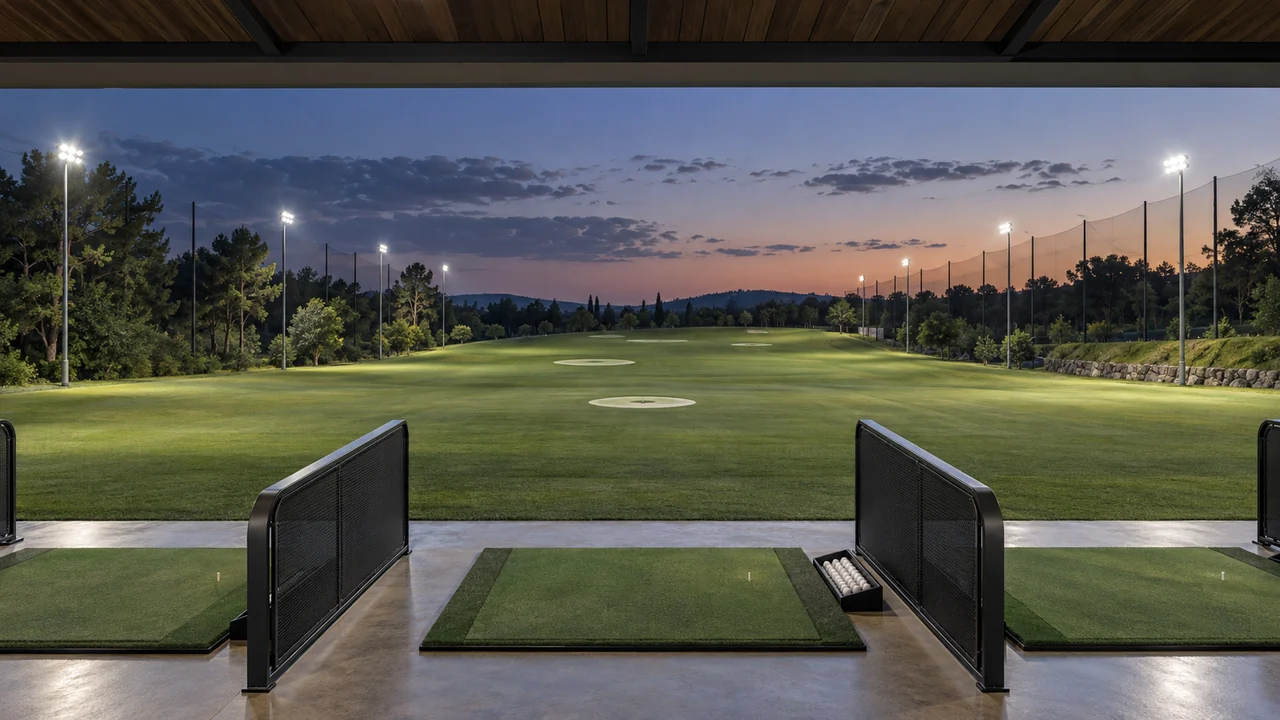 Campo pratica da golf illuminato al crepuscolo