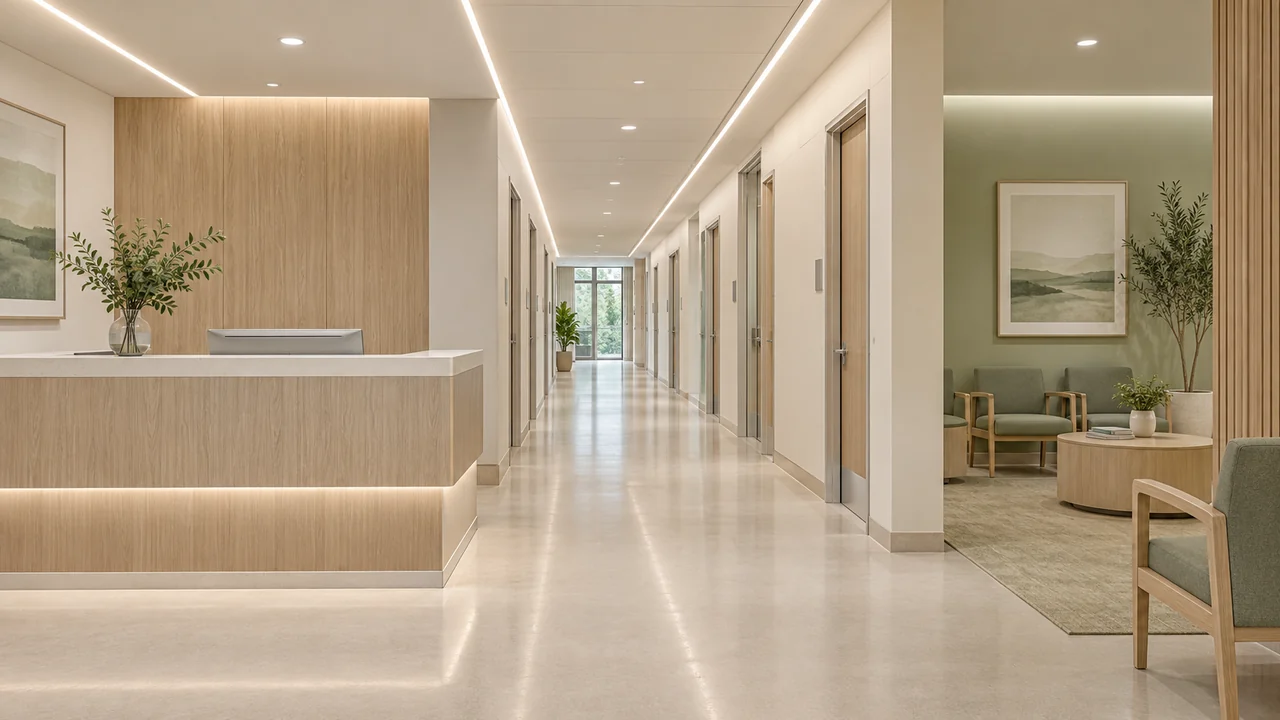 Corridoio e accoglienza di una struttura sanitaria con illuminazione LED