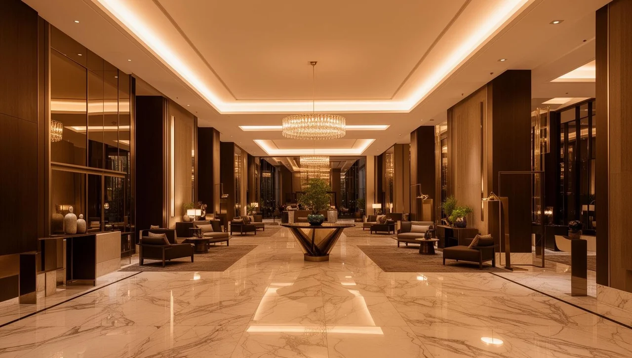 Hall alberghiera con illuminazione architettonica calda