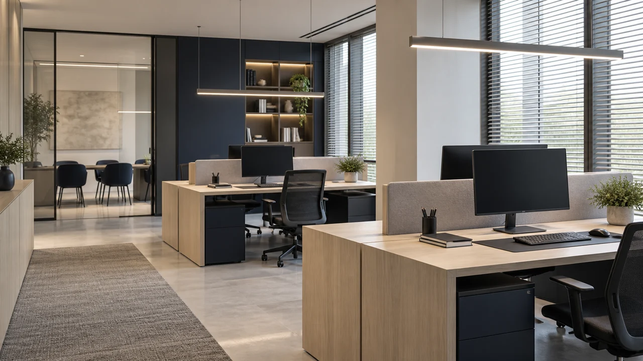Ufficio con illuminazione LED lineare sopra le postazioni di lavoro