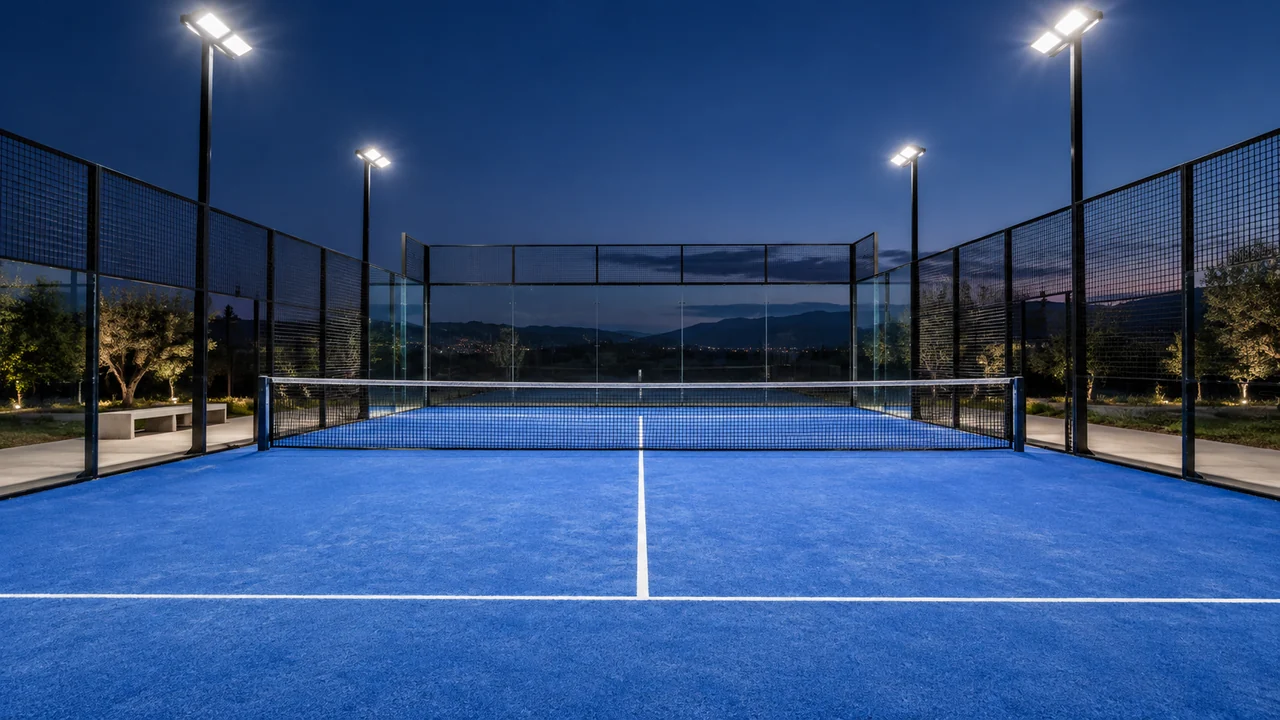 Campo da padel all’aperto con vetrate e illuminazione LED