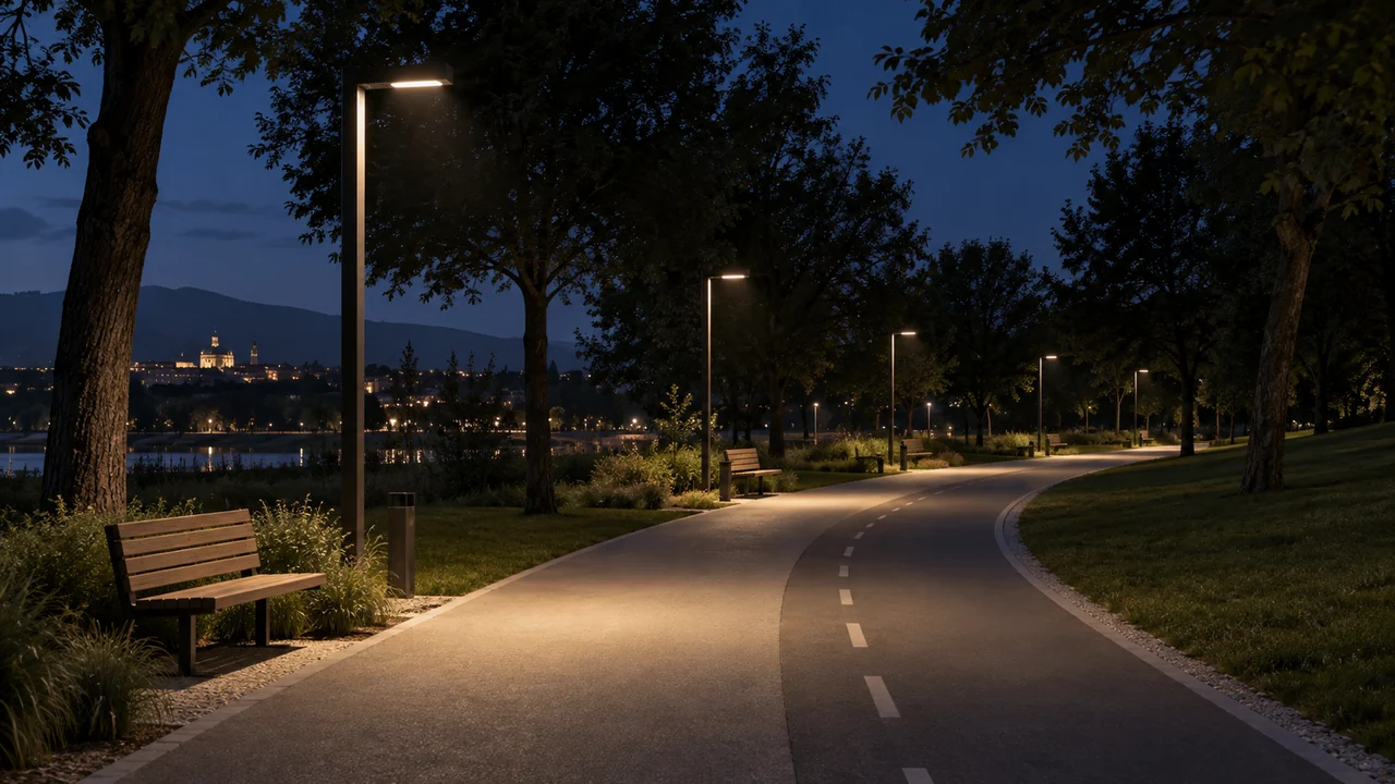 Percorso in un parco con luce diretta a terra e alberature mantenute al buio