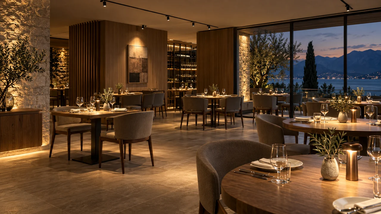 Sala ristorante con illuminazione LED calda e accenti sui tavoli