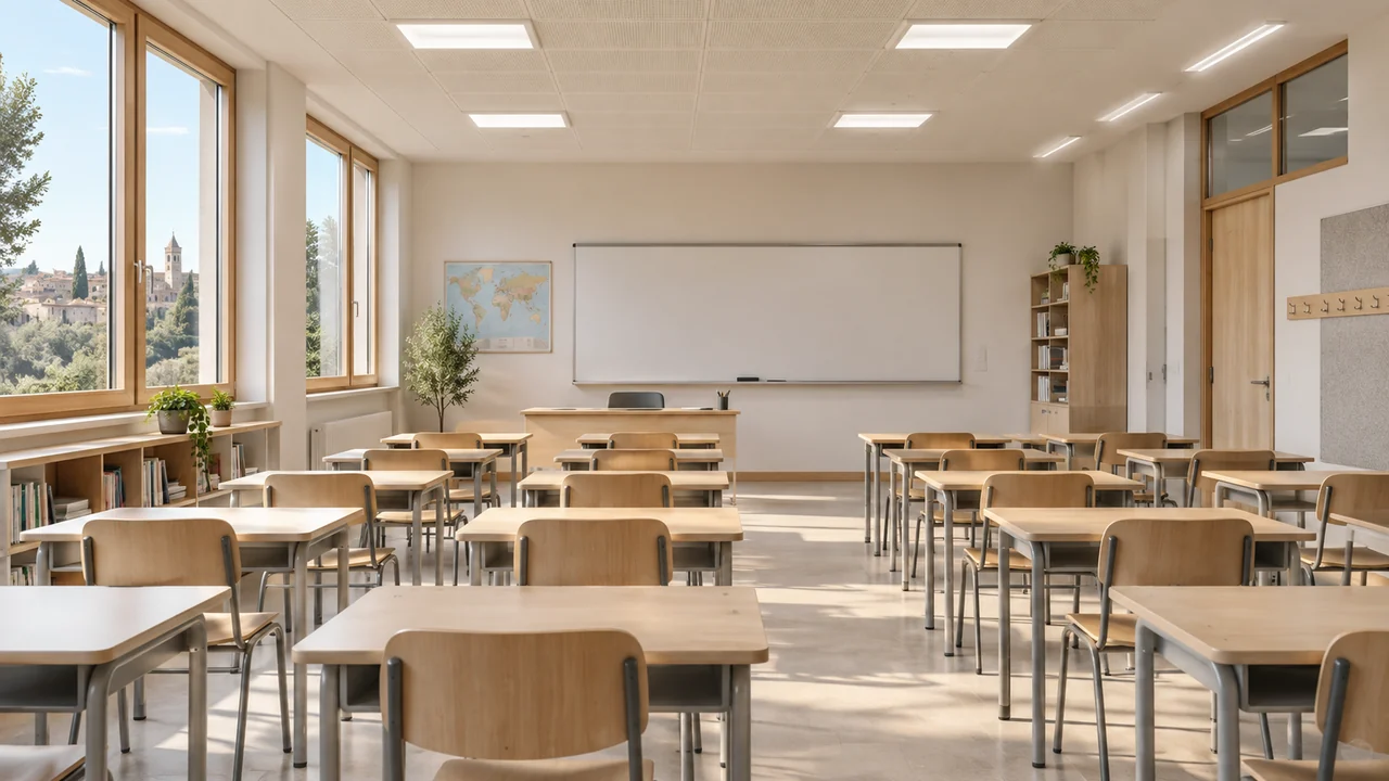 Aula scolastica con illuminazione LED delle postazioni didattiche