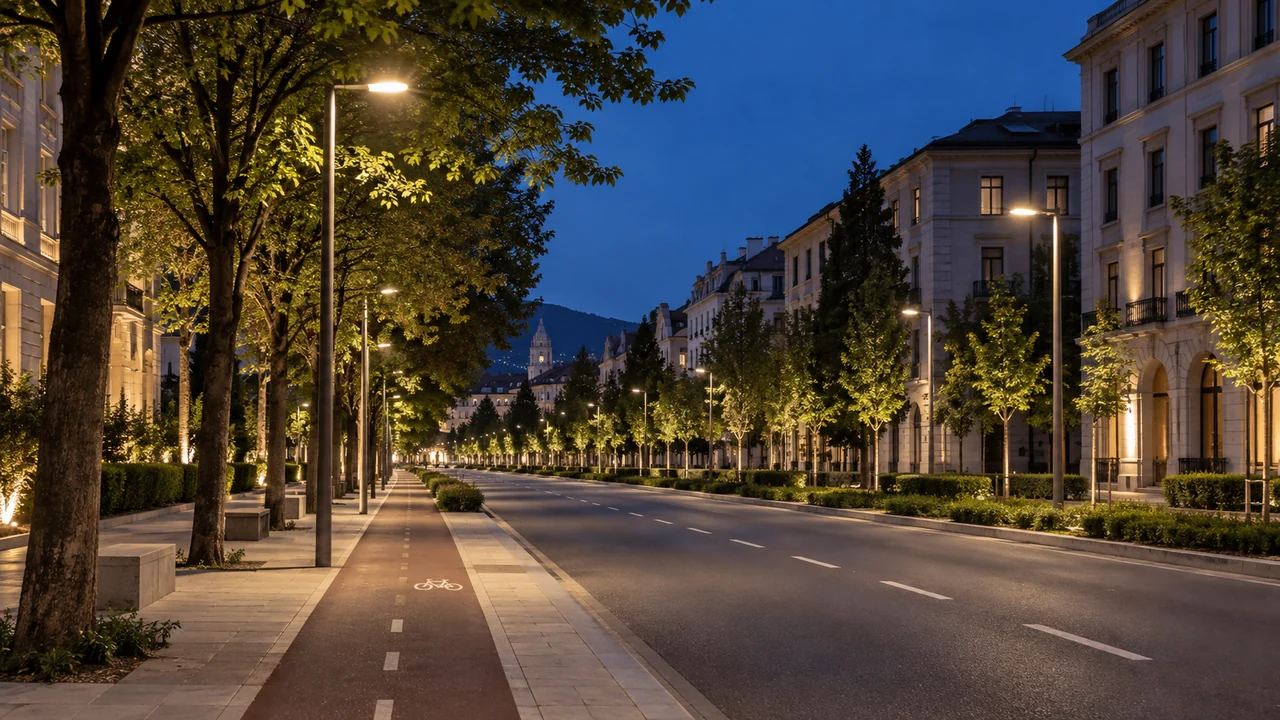 Viale urbano e percorso ciclabile illuminati da apparecchi LED