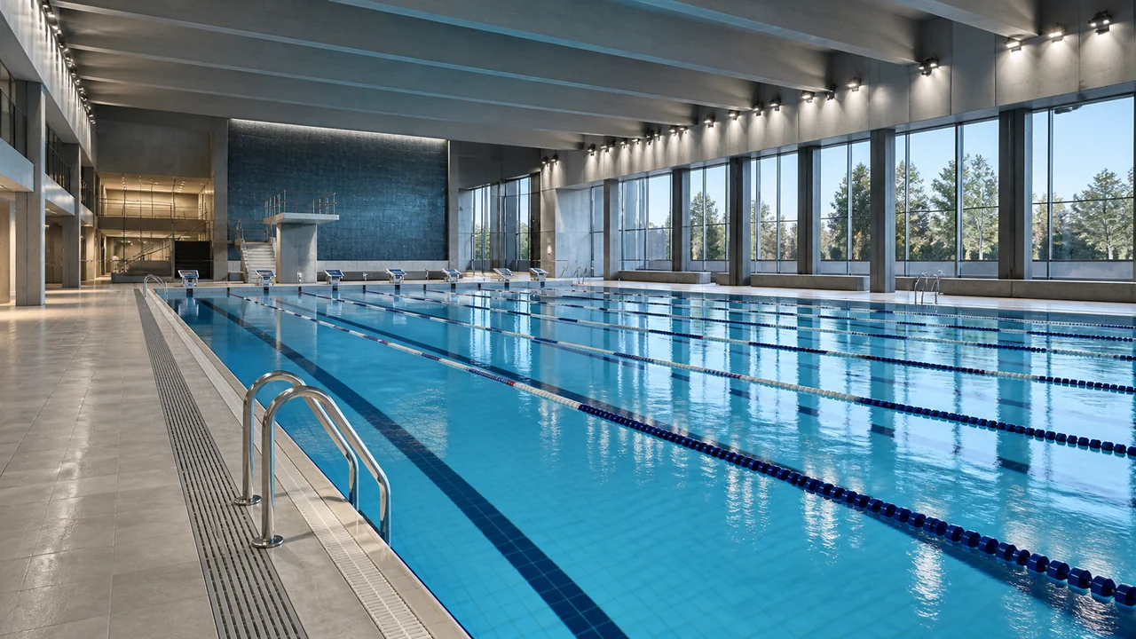 Piscina coperta con illuminazione dell’acqua e dei percorsi laterali