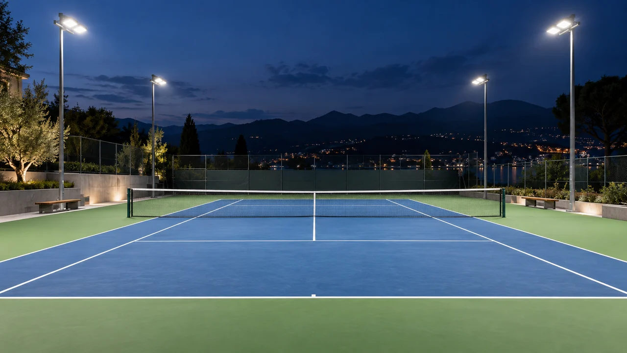 Campo da tennis all’aperto illuminato da proiettori LED