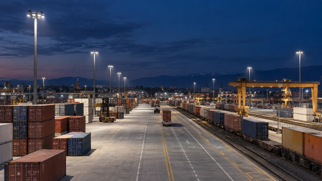 Piazzale logistico illuminato da proiettori LED su torri faro